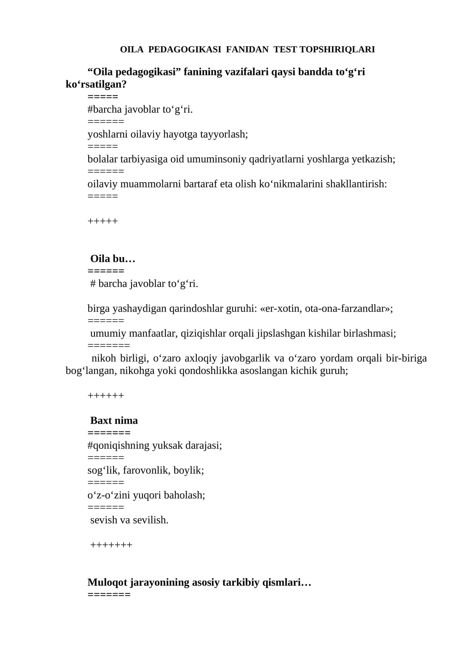 OILA PEDAGOGIKASI FANIDAN TEST TOPSHIRIQLARI