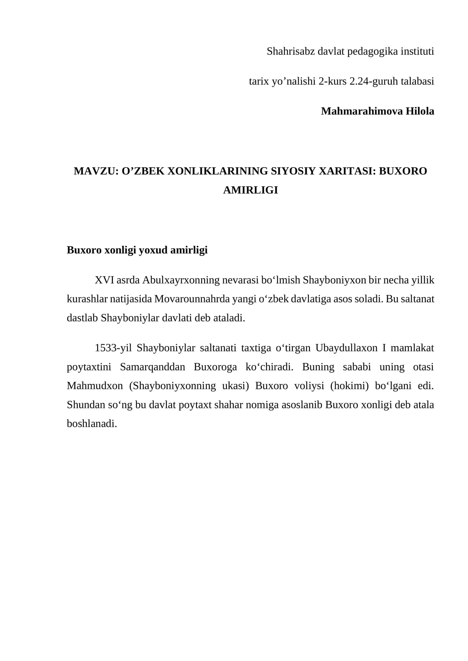 O’ZBEK XONLIKLARINING SIYOSIY XARITASI: BUXORO AMIRLIGI