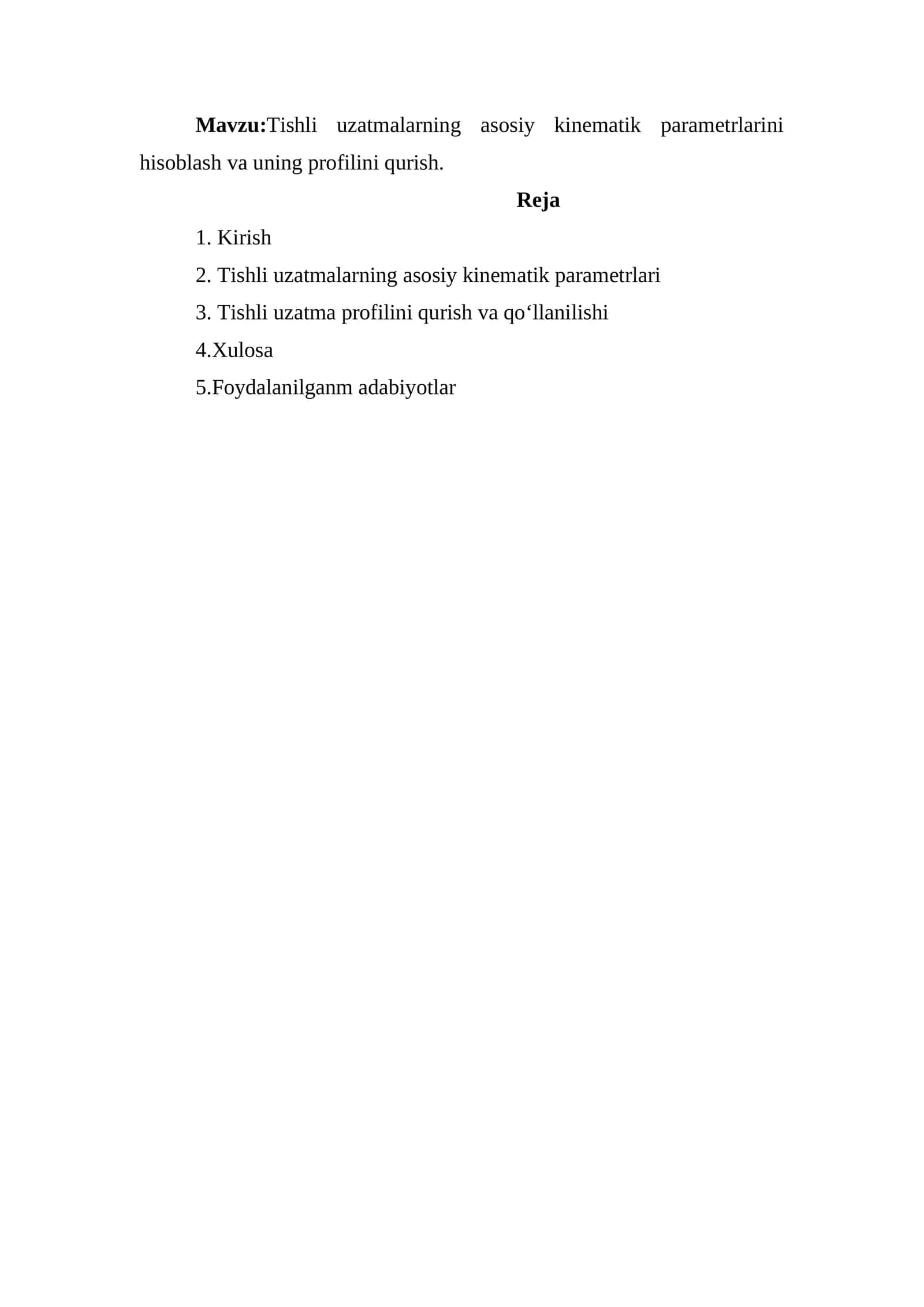 Tishli uzatmalarning asosiy kinematik parametrlarini hisoblash va uning profilini qurish