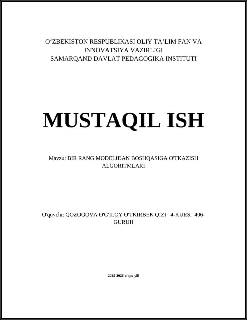 BIR RANG MODELIDAN BOSHQASIGA O'TKAZISH ALGORITMLARI
