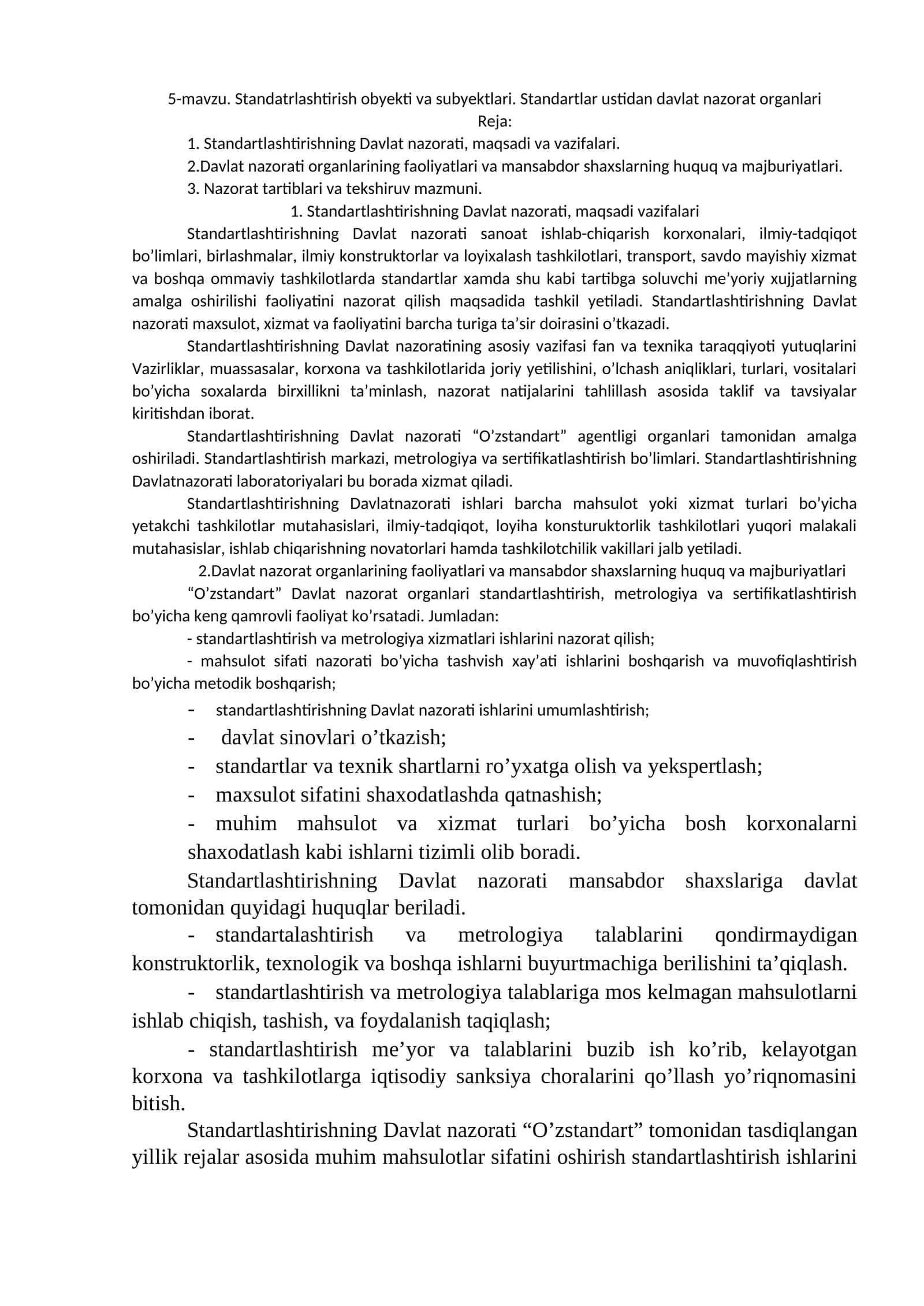 Standartlashtirish obyekti va subyektlari