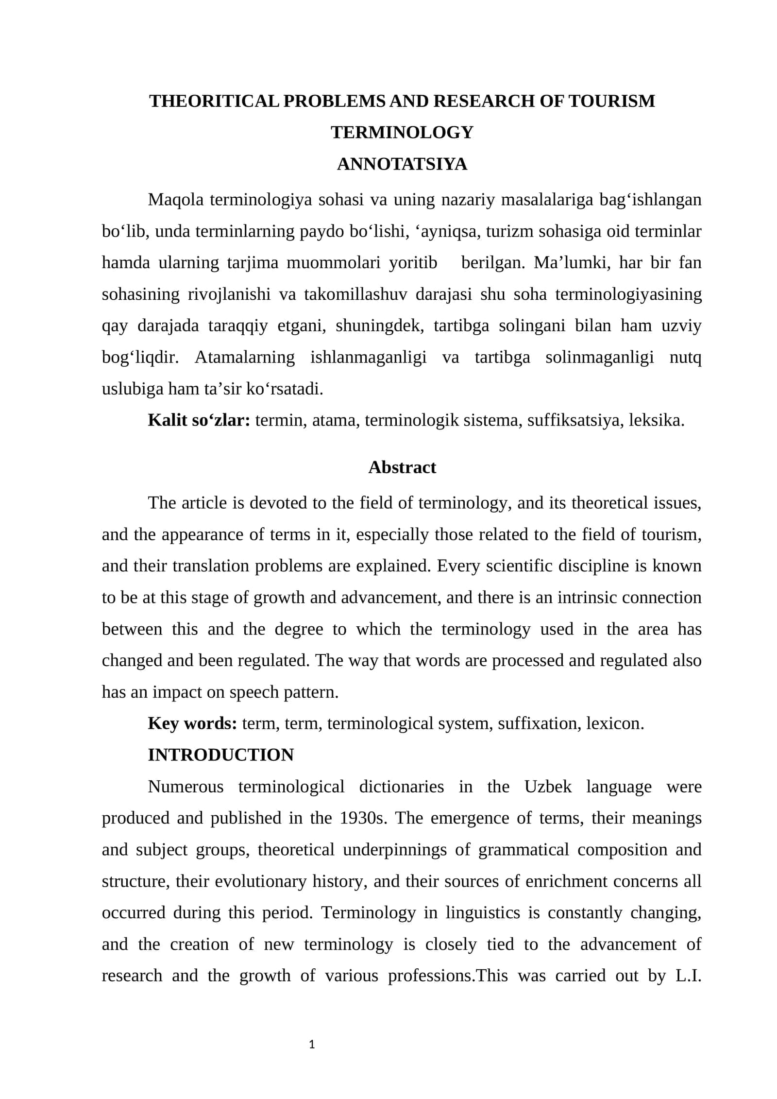 THEORITICAL PROBLEMS AND RESEARCH OF TOURISM TERMINOLOGY