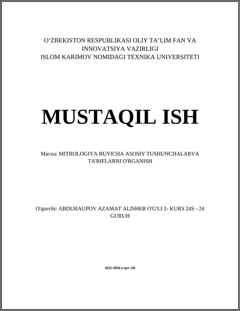 MITROLOGIYA BUYICHA ASOSIY TUSHUNCHALARVA TA'RIFLARNI O'RGANISH