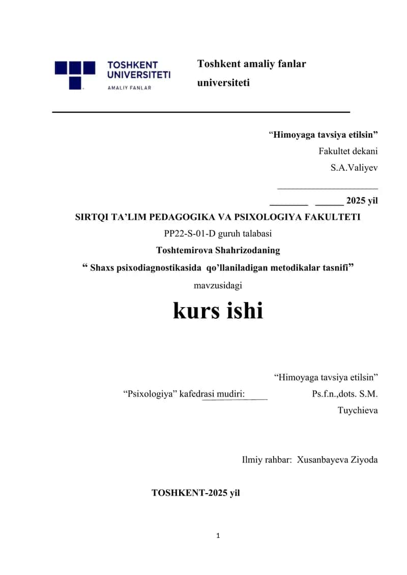 Shaxs psixodiagnostikasida qo’llaniladigan metodikalar tasnifi.