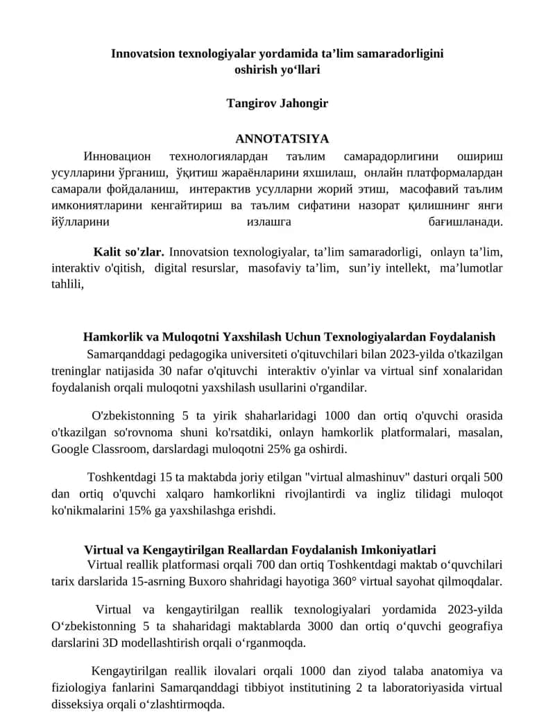 Innovatsion texnologiyalar yordamida ta’lim samaradorligini oshirish yo‘llari