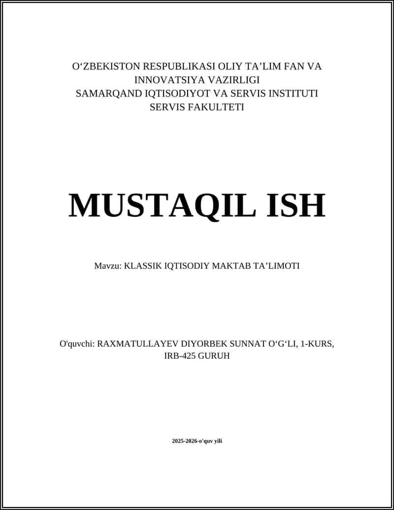 KLASSIK IQTISODIY MAKTAB TA’LIMOTI