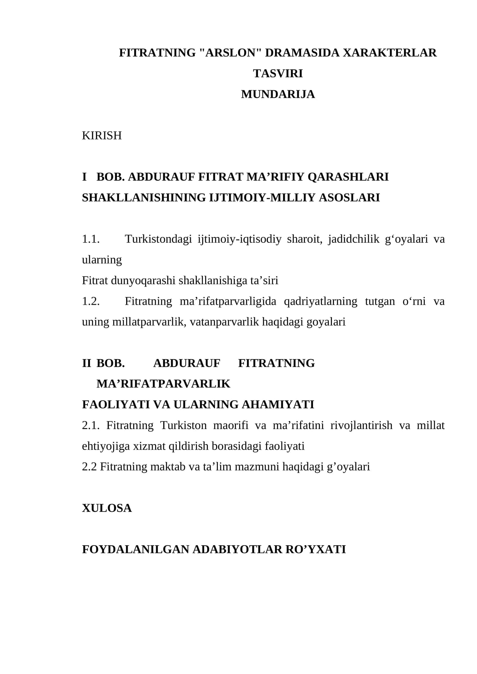 FITRATNING "ARSLON" DRAMASIDA XARAKTERLAR TASVIRI