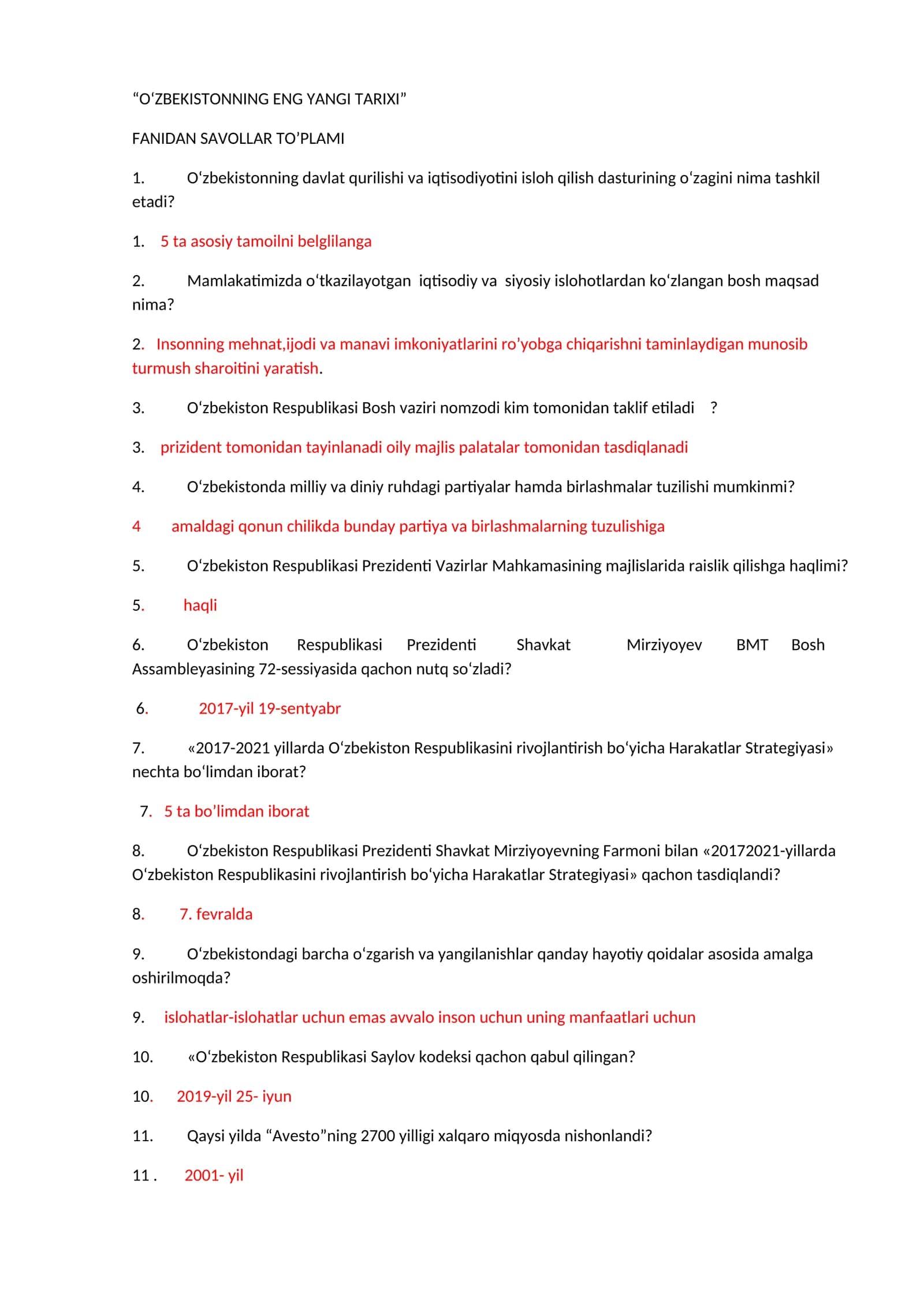O‘ZBEKISTONNING ENG YANGI TARIXI FANIDAN SAVOLLAR TO’PLAMI