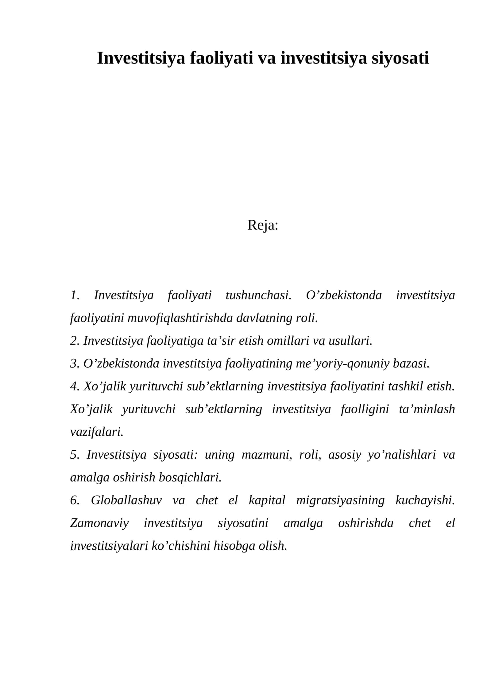 Investitsiya faoliyati va investitsiya siyosati