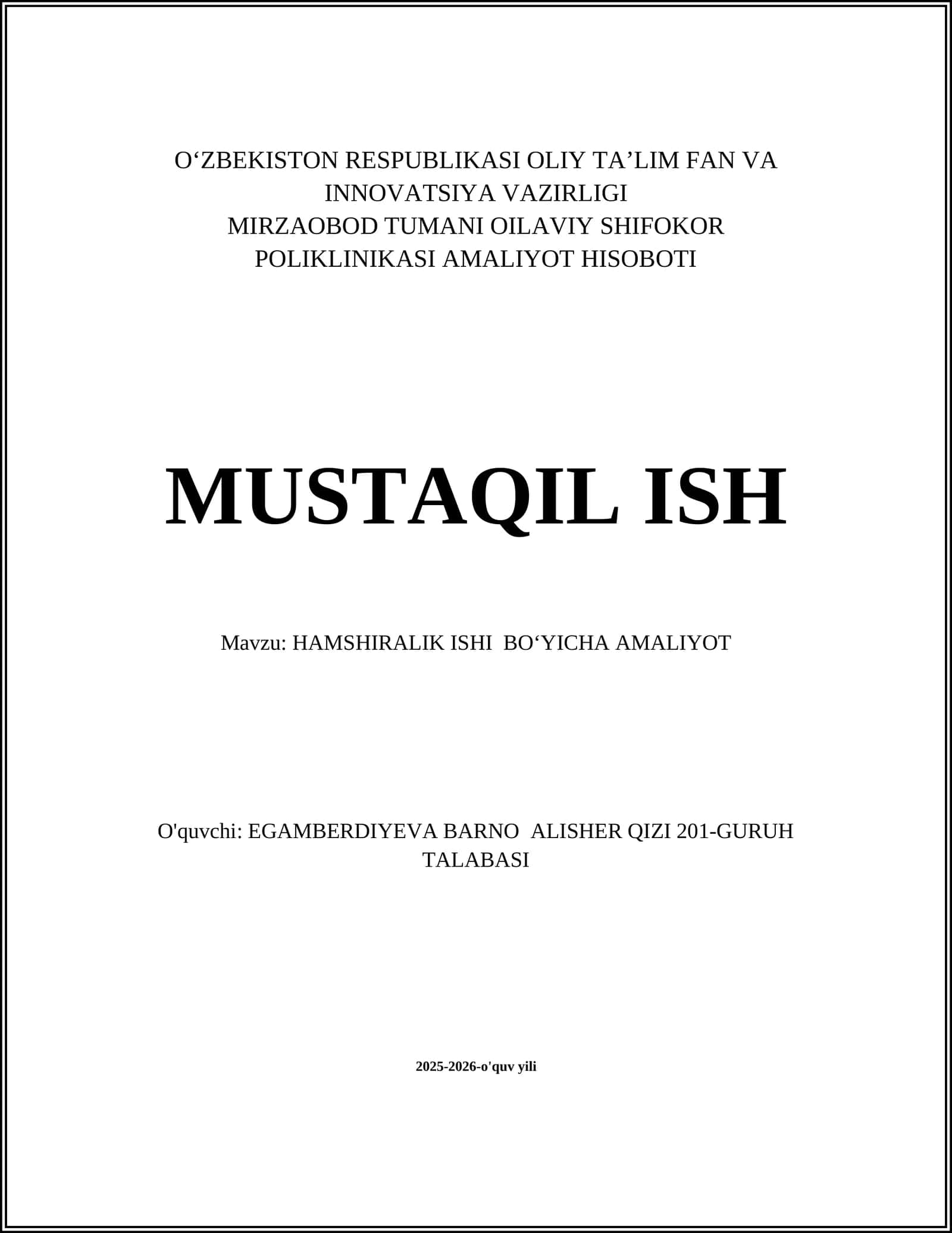 HAMSHIRALIK ISHI BOʻYICHA AMALIYOT