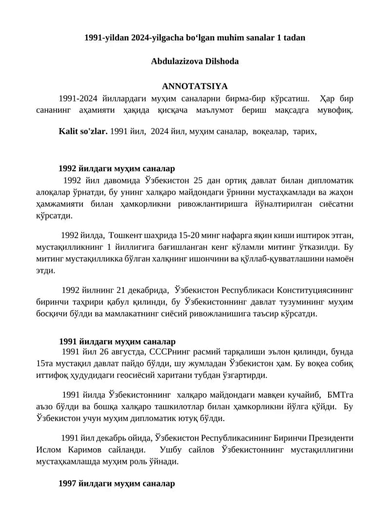 1991-yildan 2024-yilgacha boʻlgan muhim sanalar