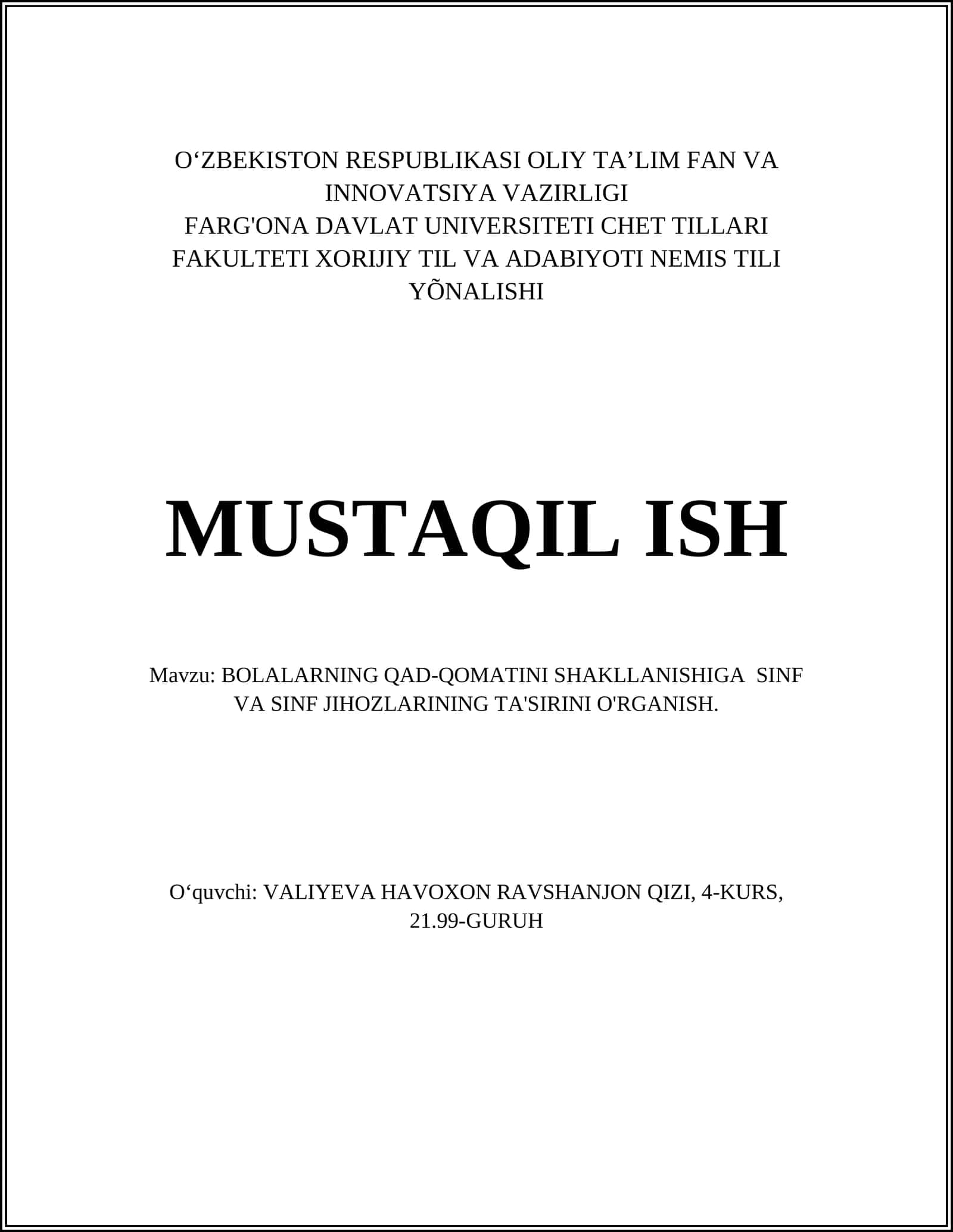Bola qaddi-qomatini shakllanishiga sinf va sinf jihozlarining ta'siri