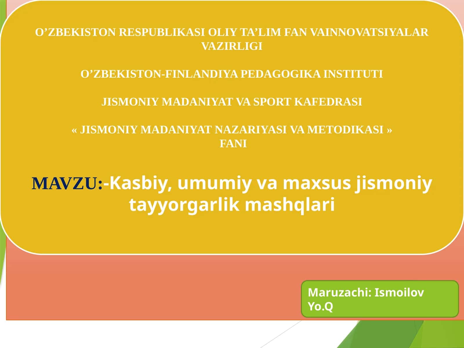 Jismoniy Madaniyat Nazariyasi va Metodikasi