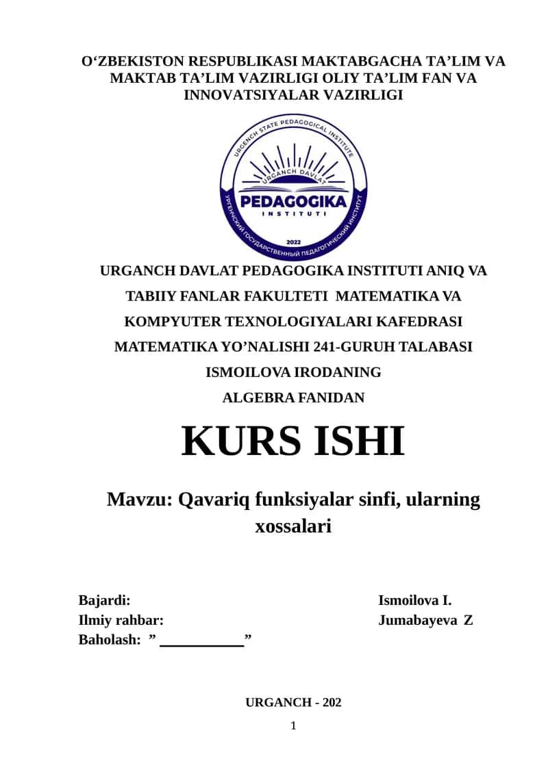Qavariq funksiyalar sinfi, ularning xossalari