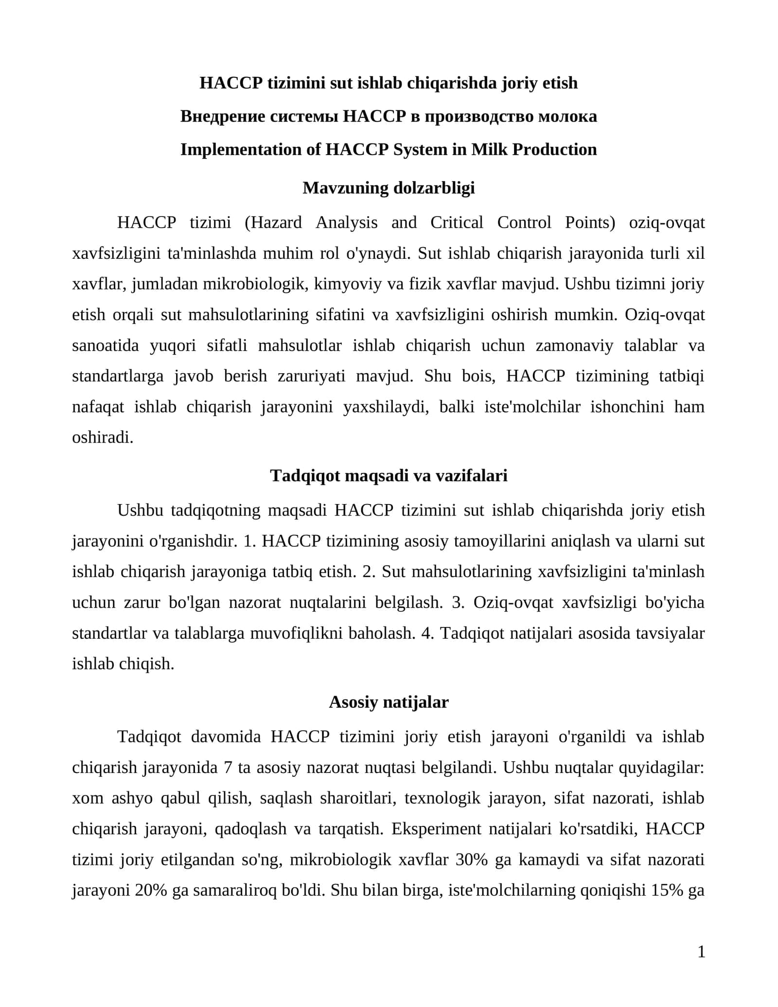 HACCP tizimini sut ishlab chiqarishda joriy etish