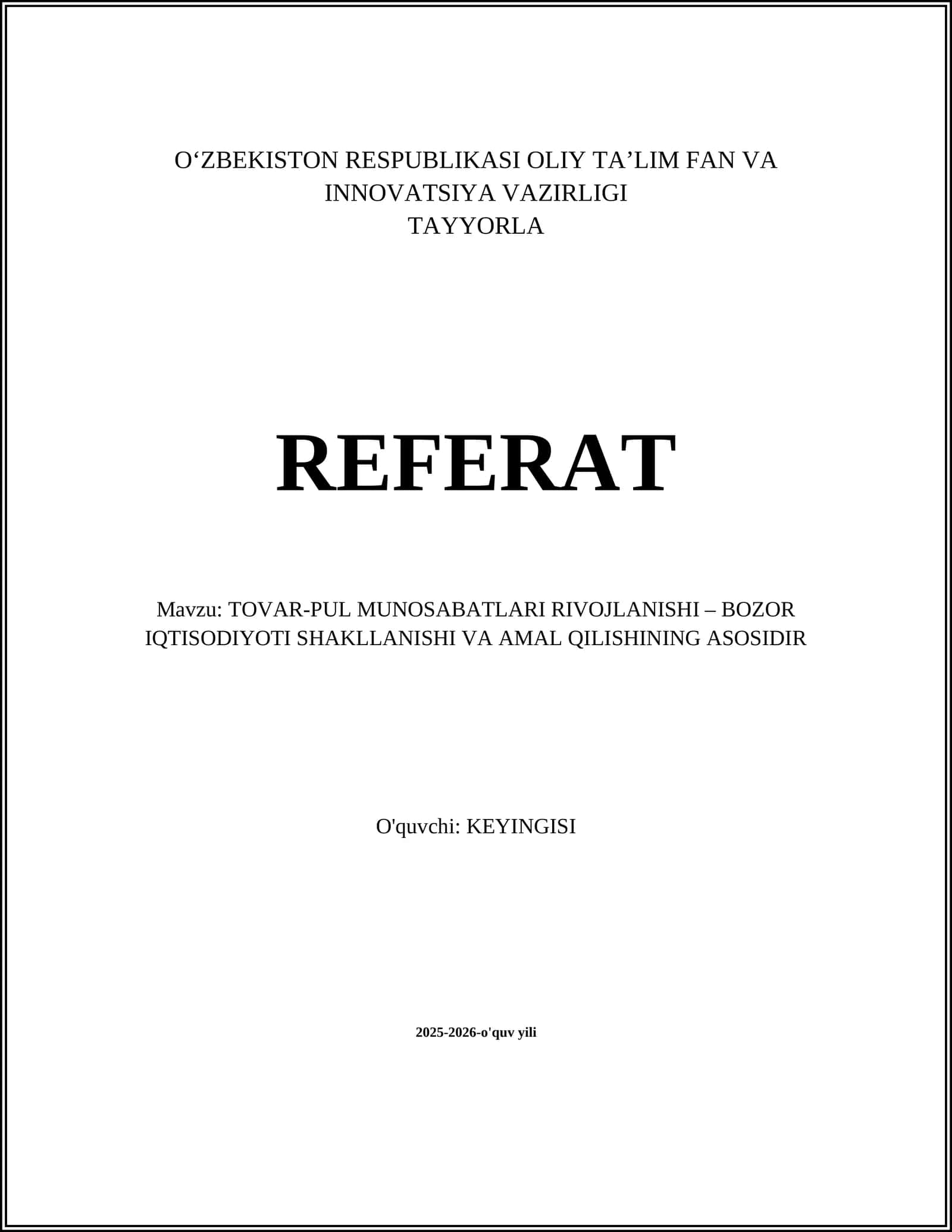 TOVAR-PUL MUNOSABATLARI RIVOJLANISHI