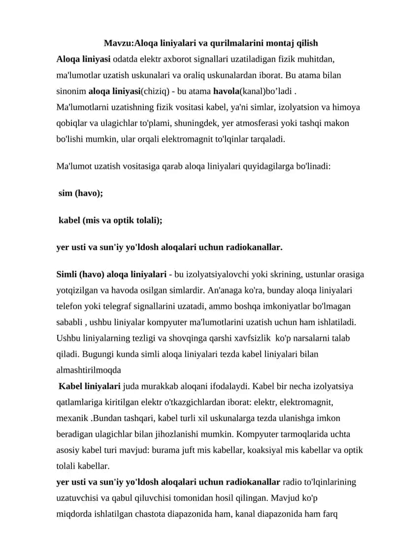 Aloqa liniyalari va qurilmalarini montaj qilish