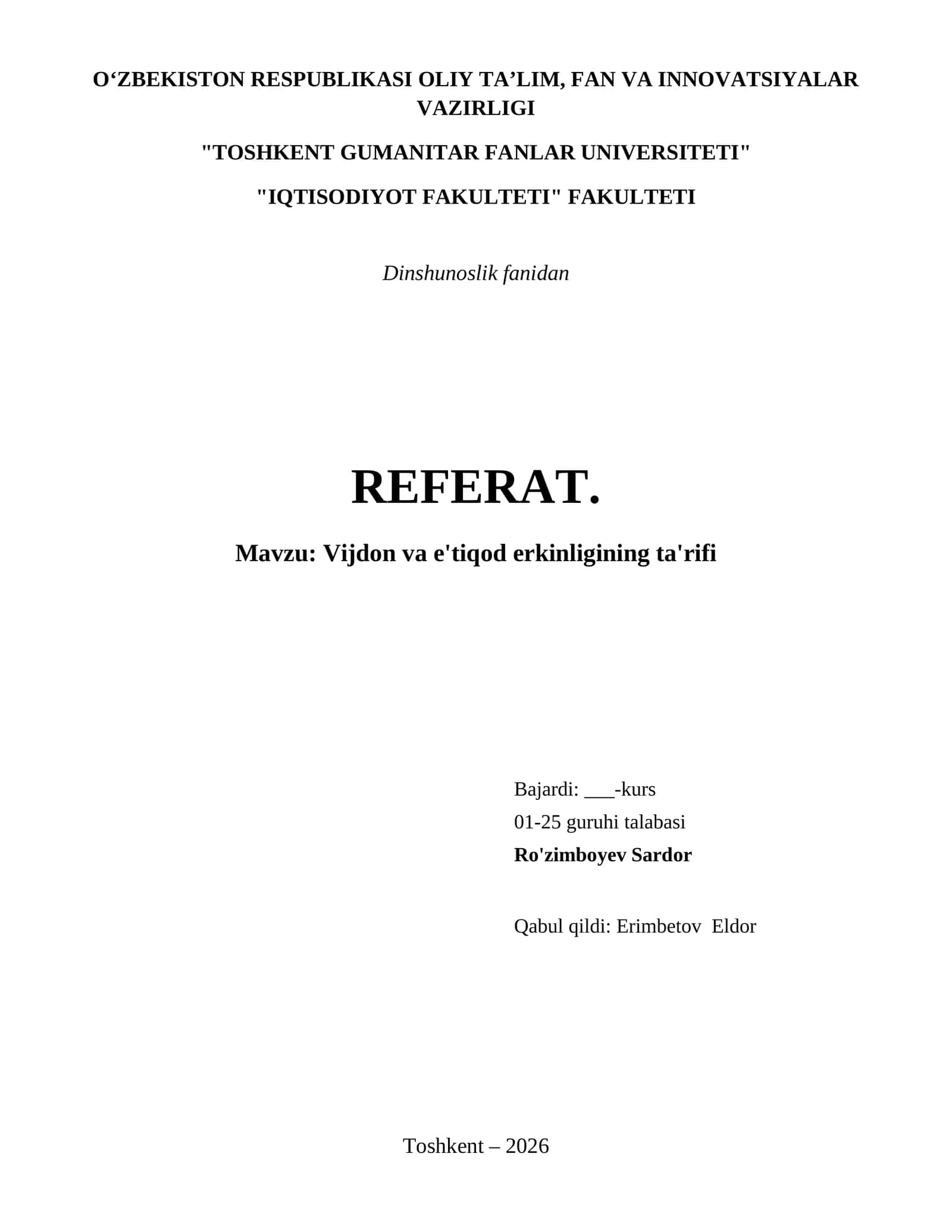 Vijdon va e'tiqod erkinligining ta'rifi