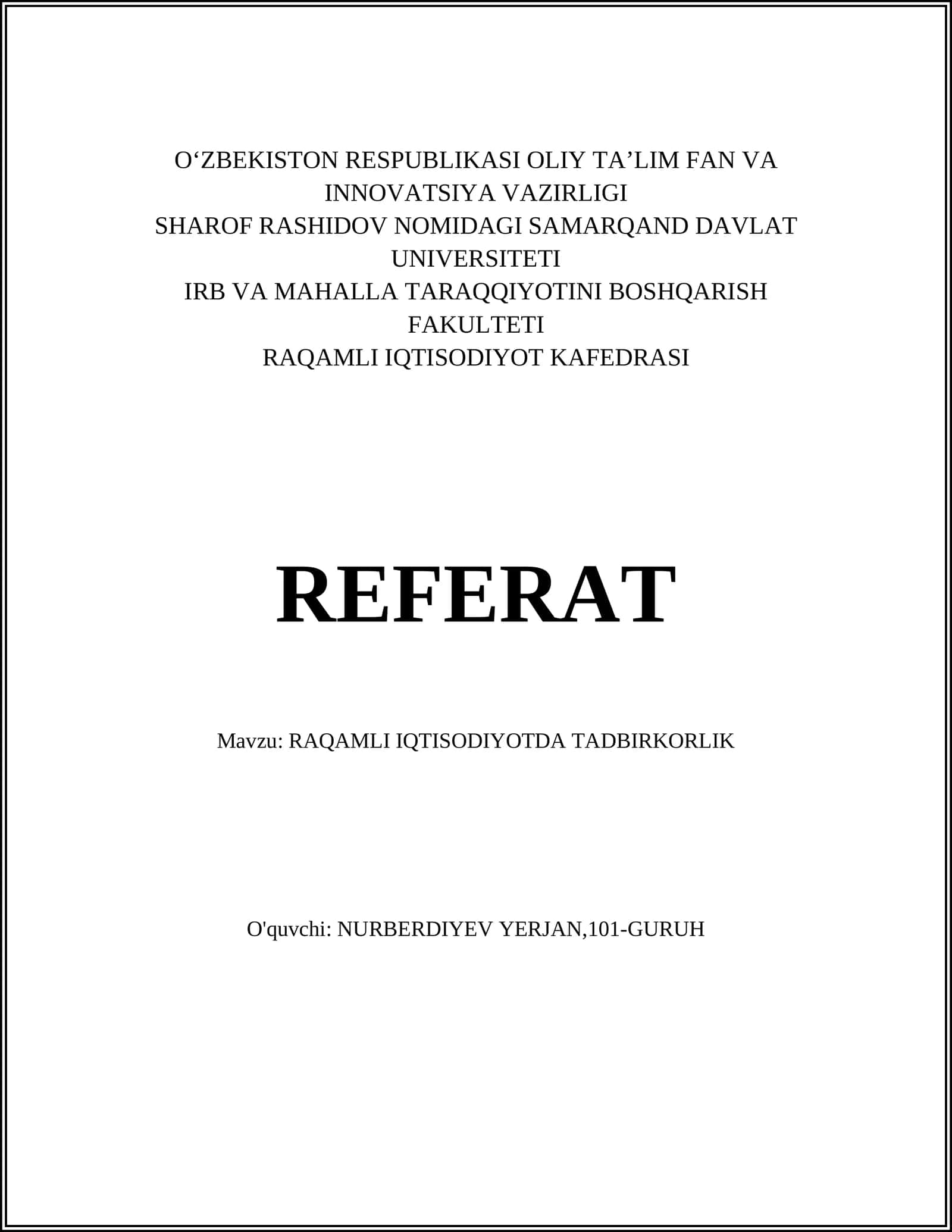 RAQAMLI IQTISODIYOTDA TADBIRKORLIK