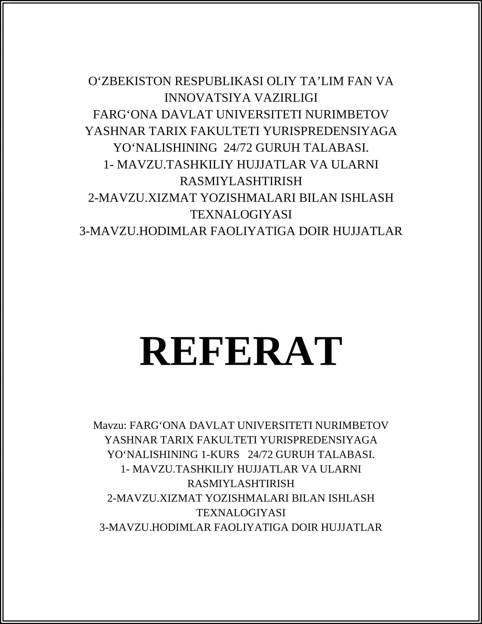FARGʻONA DAVLAT UNIVERSITETI NURIMBETOV YASHNAR TARIX FAKULTETI YURISPREDENSIYAGA YOʻNALISHINING 1-KURS 24/72 GURUH TALABASI