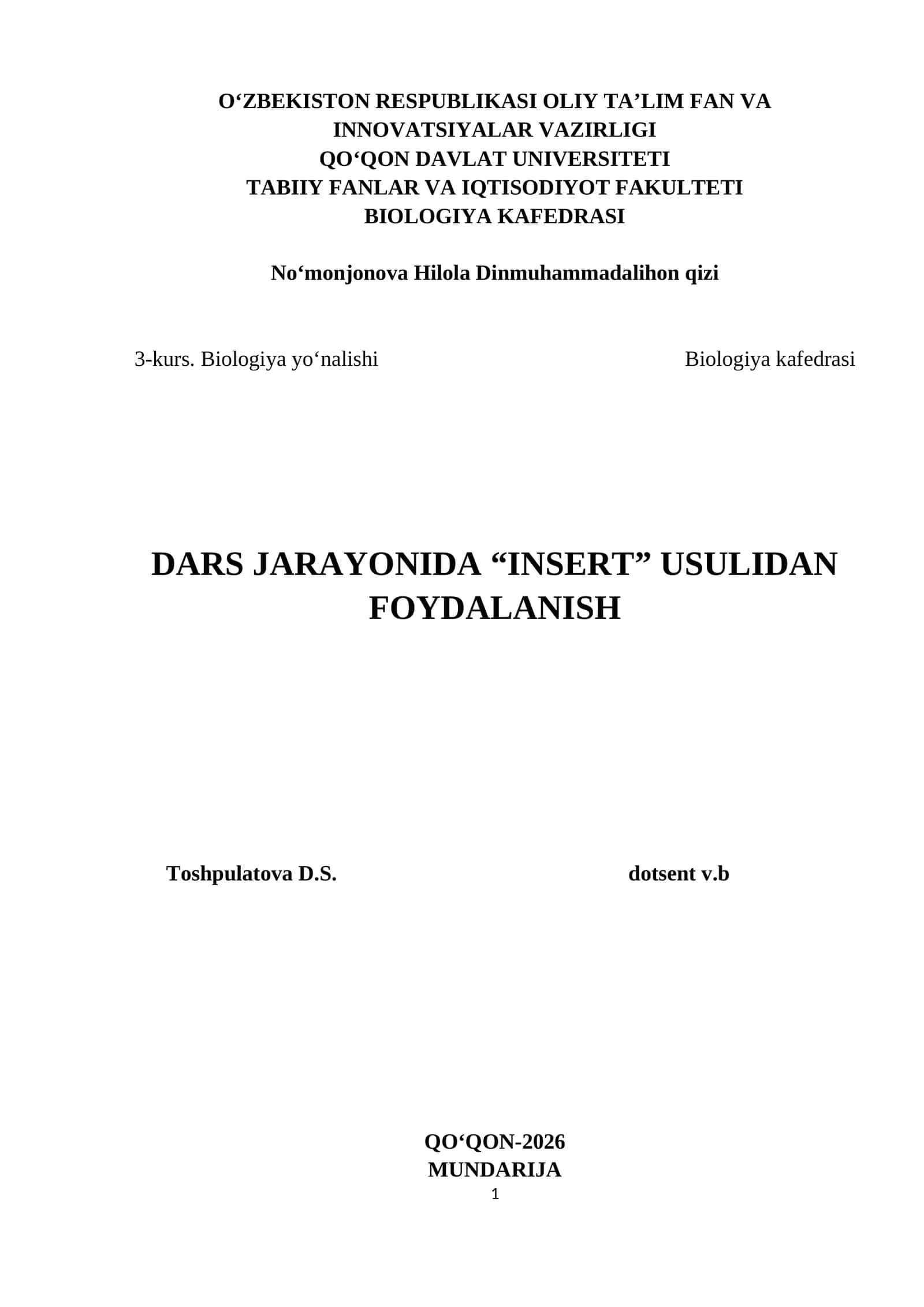 INSERT USULINI O‘QUVCHILARDA QO'LLASH ASOSLARI