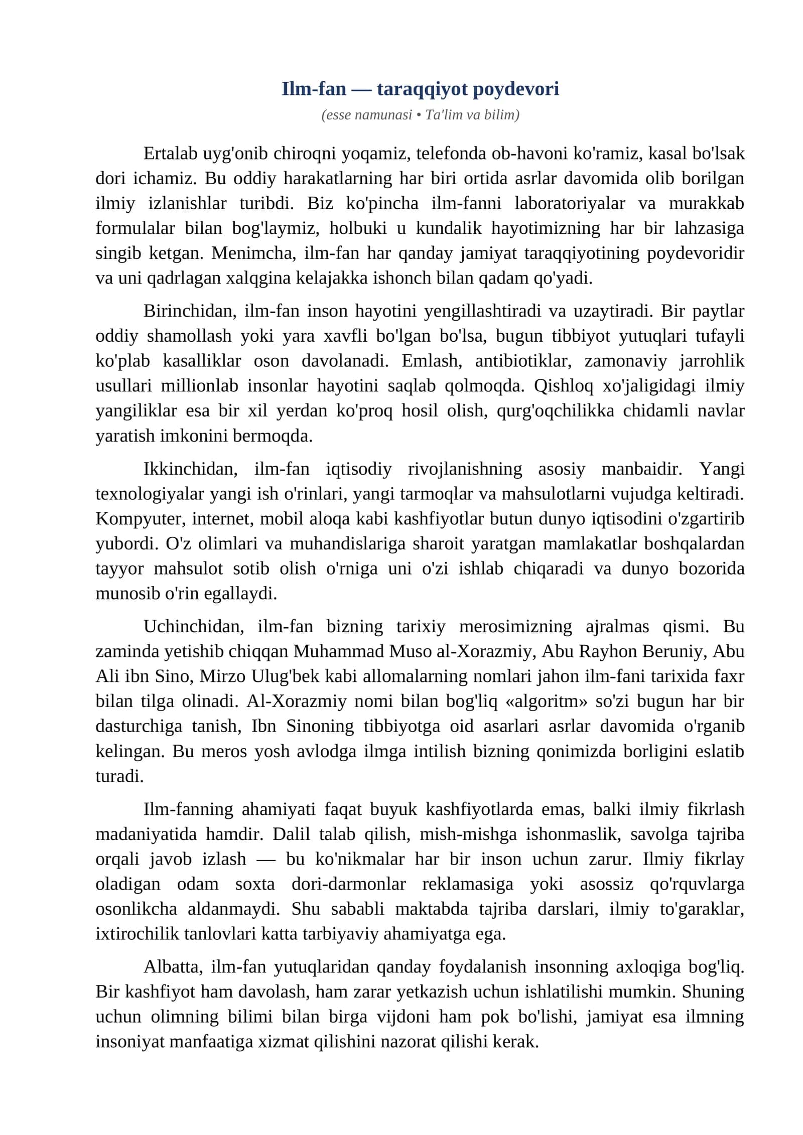 Esse Ilm fan taraqqiyot poydevori