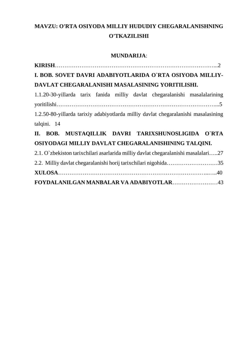 O`RTA OSIYODA MILLIY HUDUDIY CHEGARALANISHNING O'TKAZILISHI