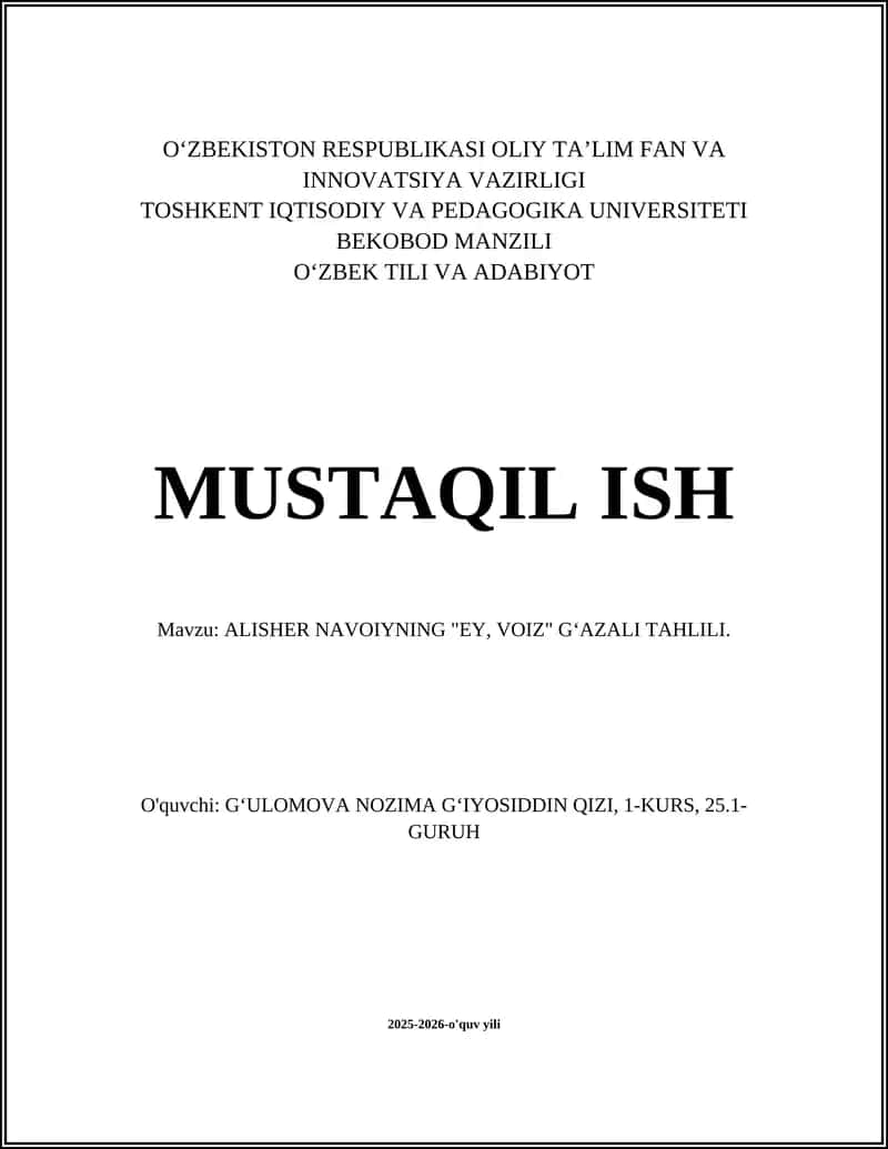 ALISHER NAVOIYNING "EY, VOIZ" GʻAZALI TAHLILI