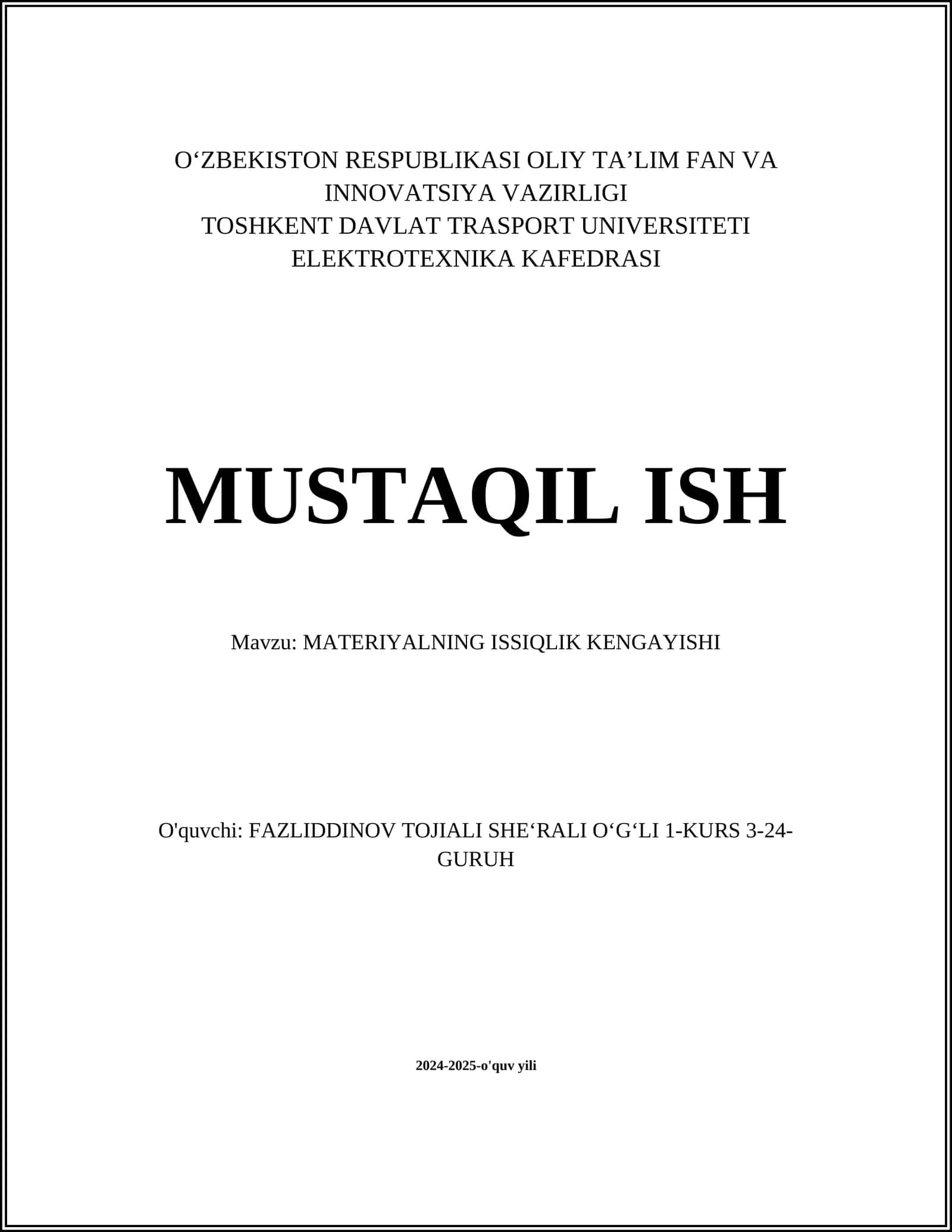 MATERIYALNING ISSIQLIK KENGAYISHI