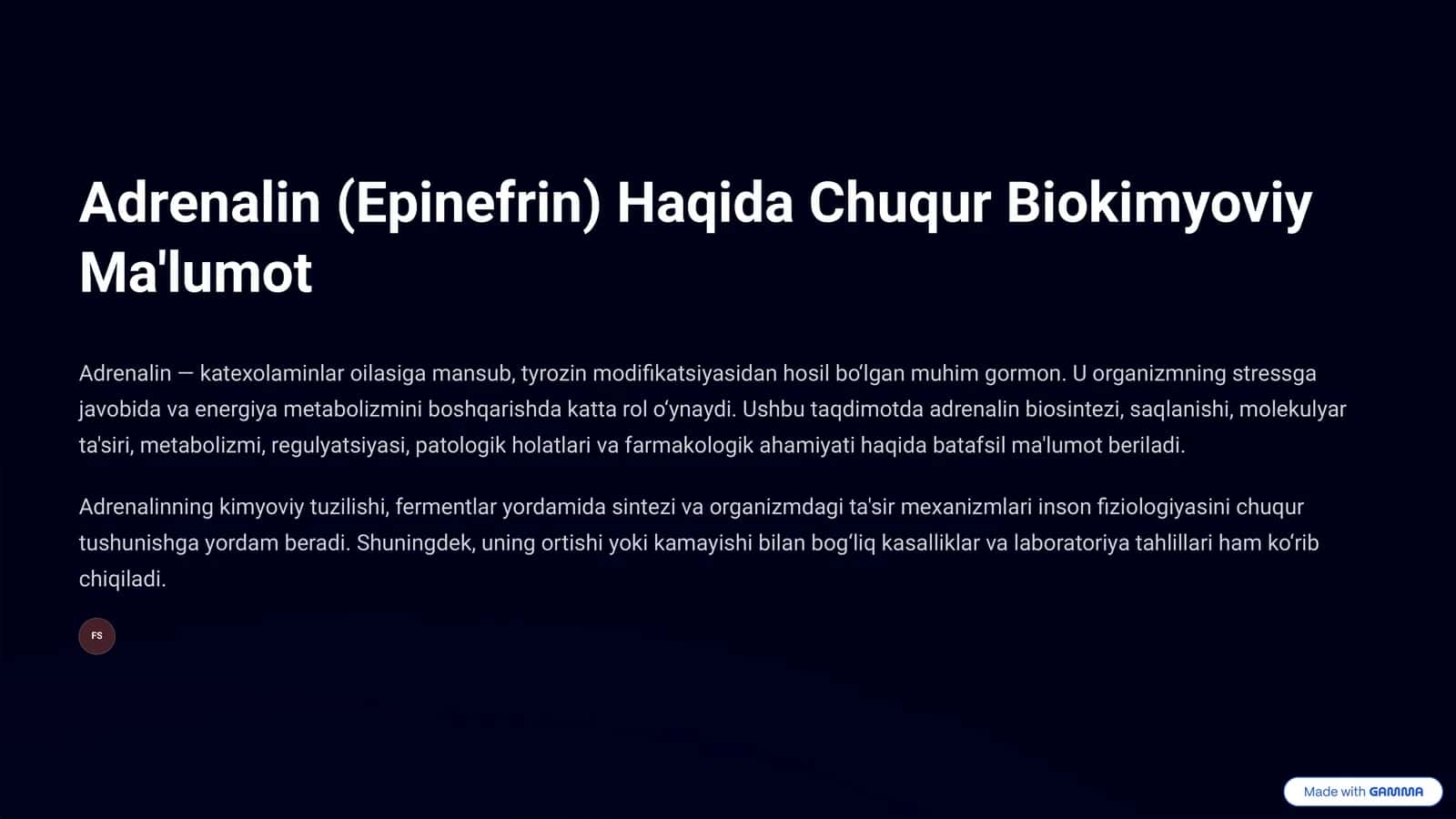 Adrenalin (Epinefrin) Haqida Chuqur Biokimyoviy Ma'lumot
