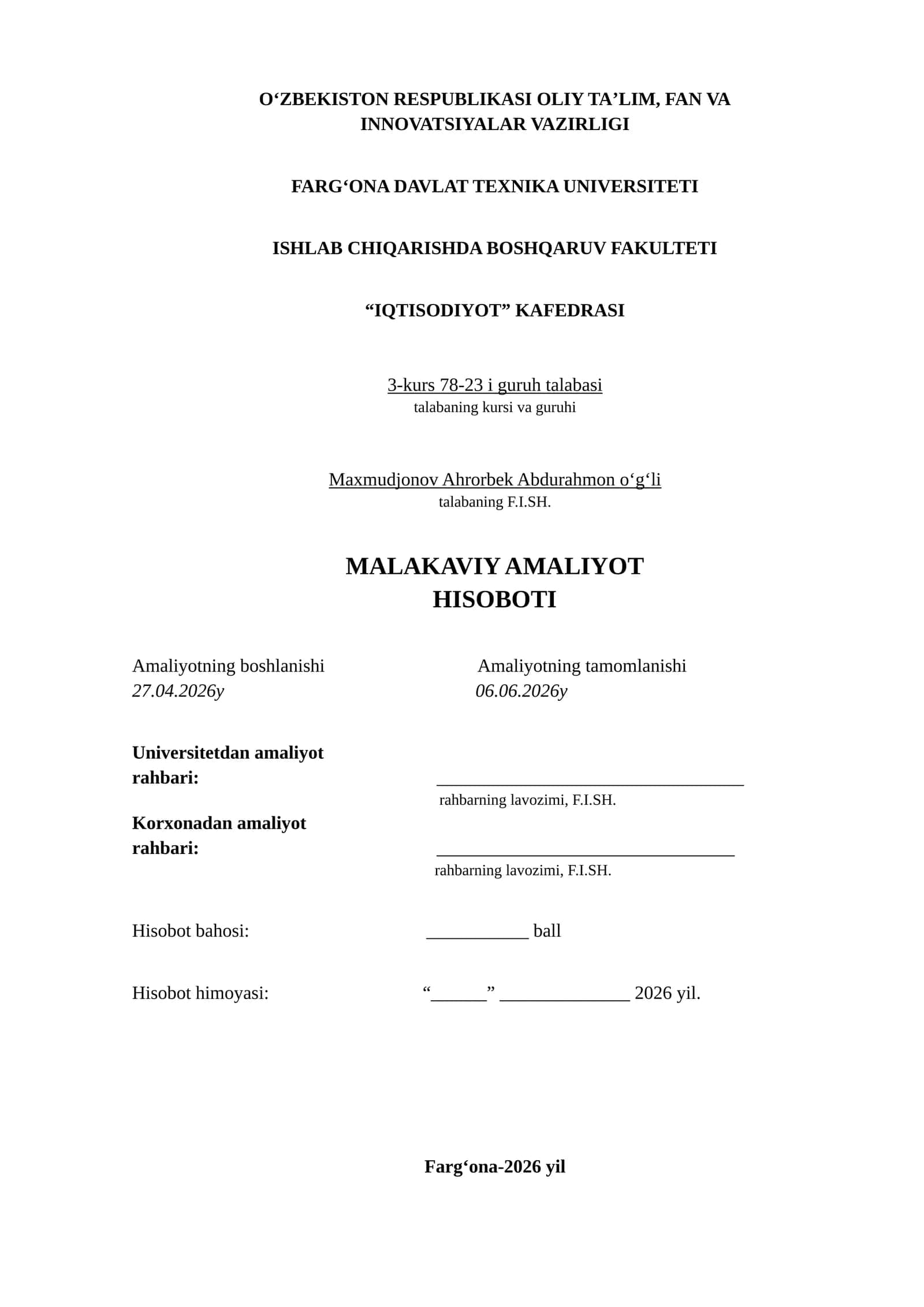MALAKAVIY AMALIYOT HISOBOTI. Maishiy texnika savdosi bilan shugullanuvchi mchj boyicha. 40 list