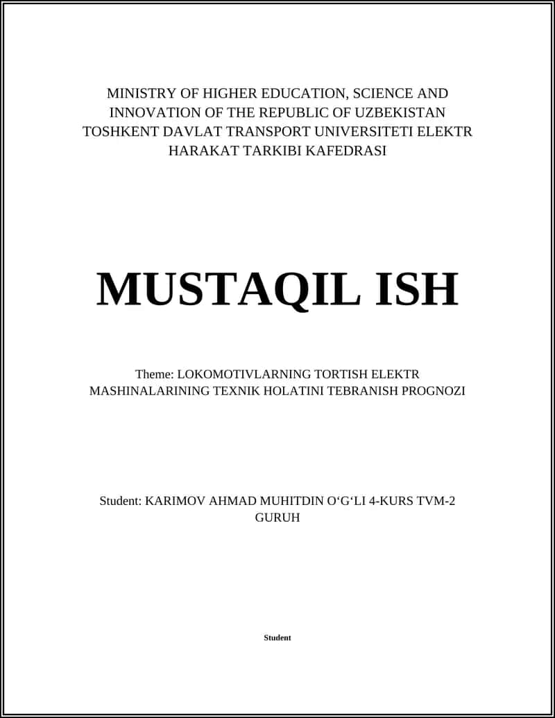 LOKOMOTIVLARNING TORTISH ELEKTR MASHINALARINING TEXNIK HOLATINI TEBRANISH PROGNOZI