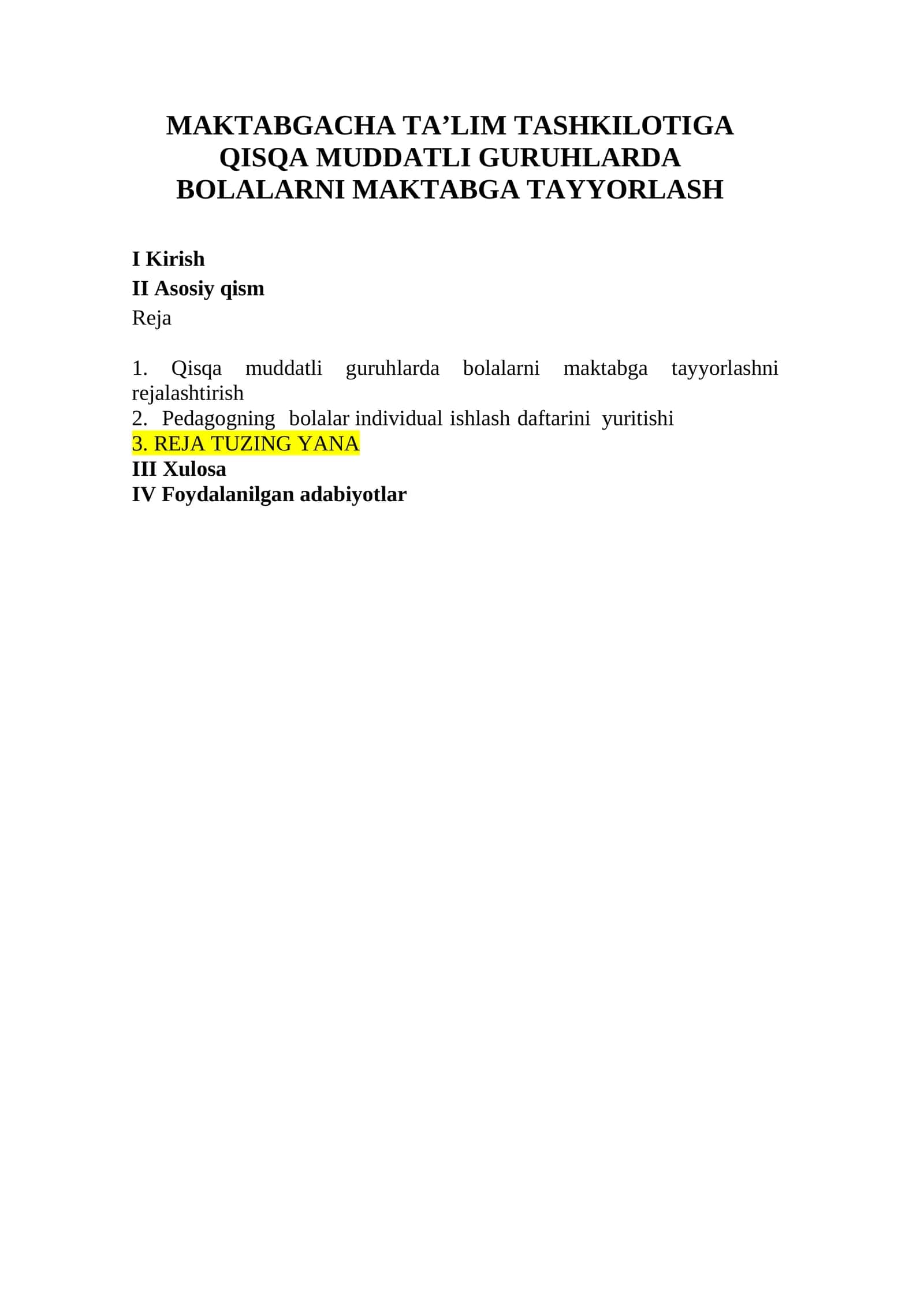 MAKTABGACHA TA’LIM TASHKILOTIGA QISQA MUDDATLI GURUHLARDA BOLALARNI MAKTABGA TAYYORLASH