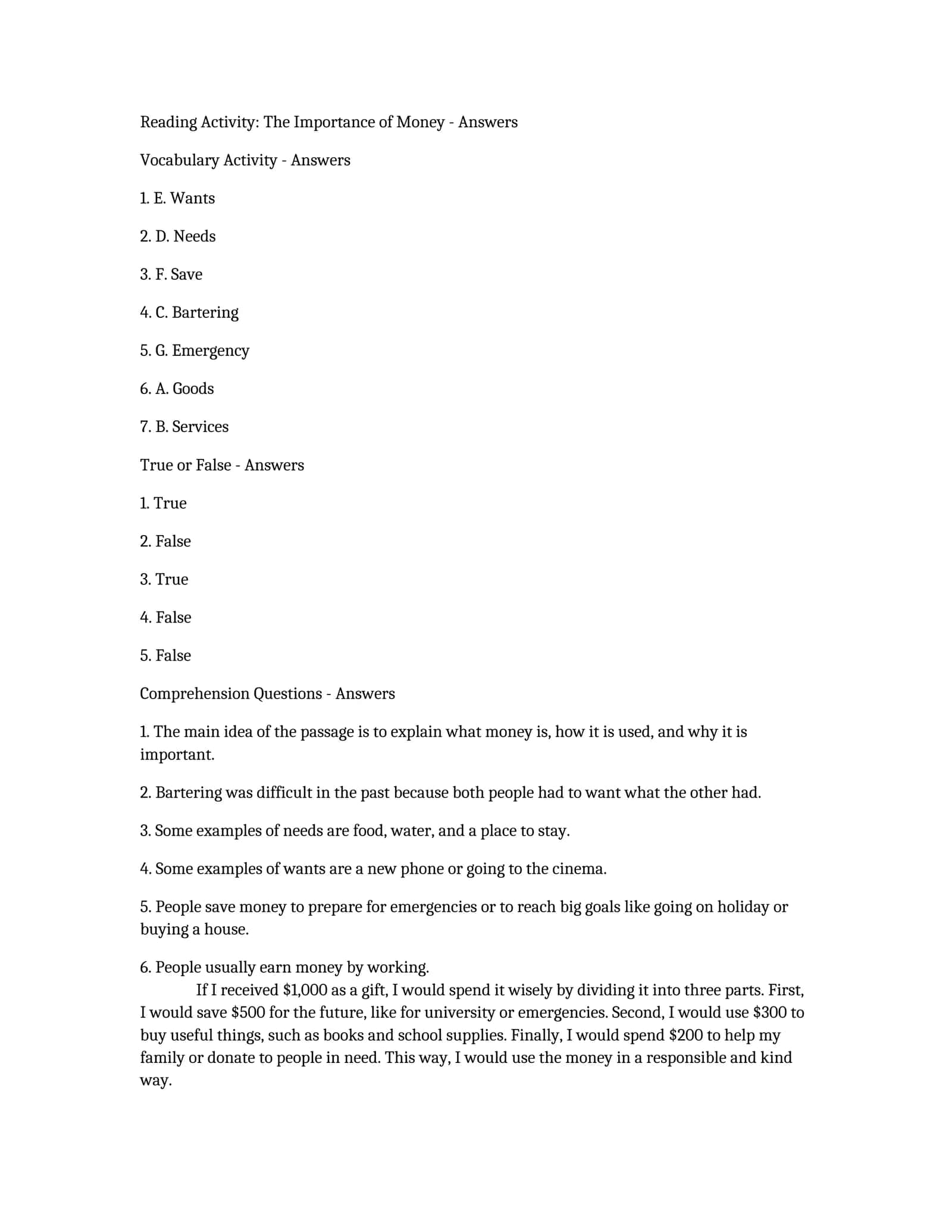 Reading Activity: The Importance of Money - Answers