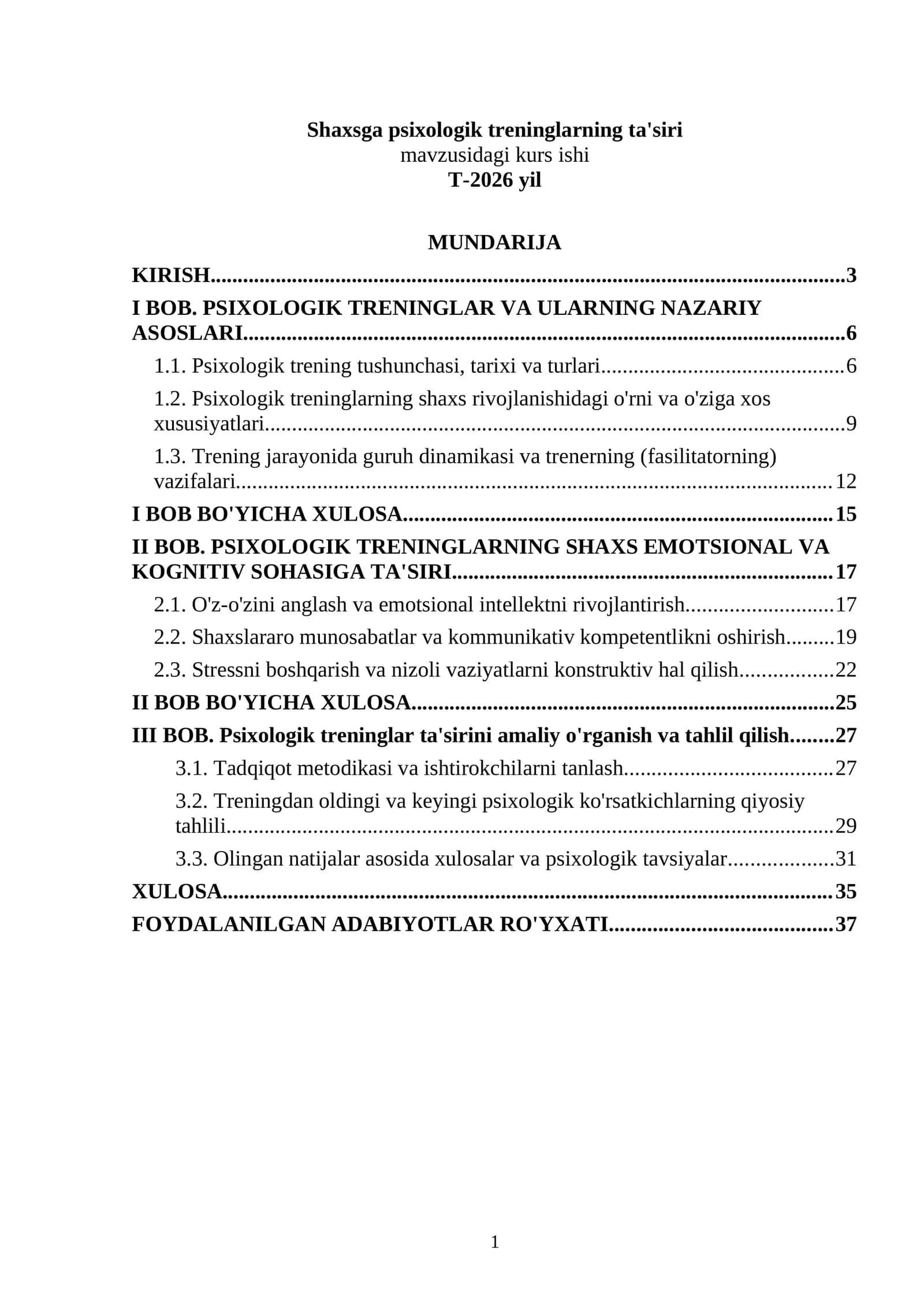 Shaxsga psixologik treninglarning ta'siri mavzusidagi kurs ishi