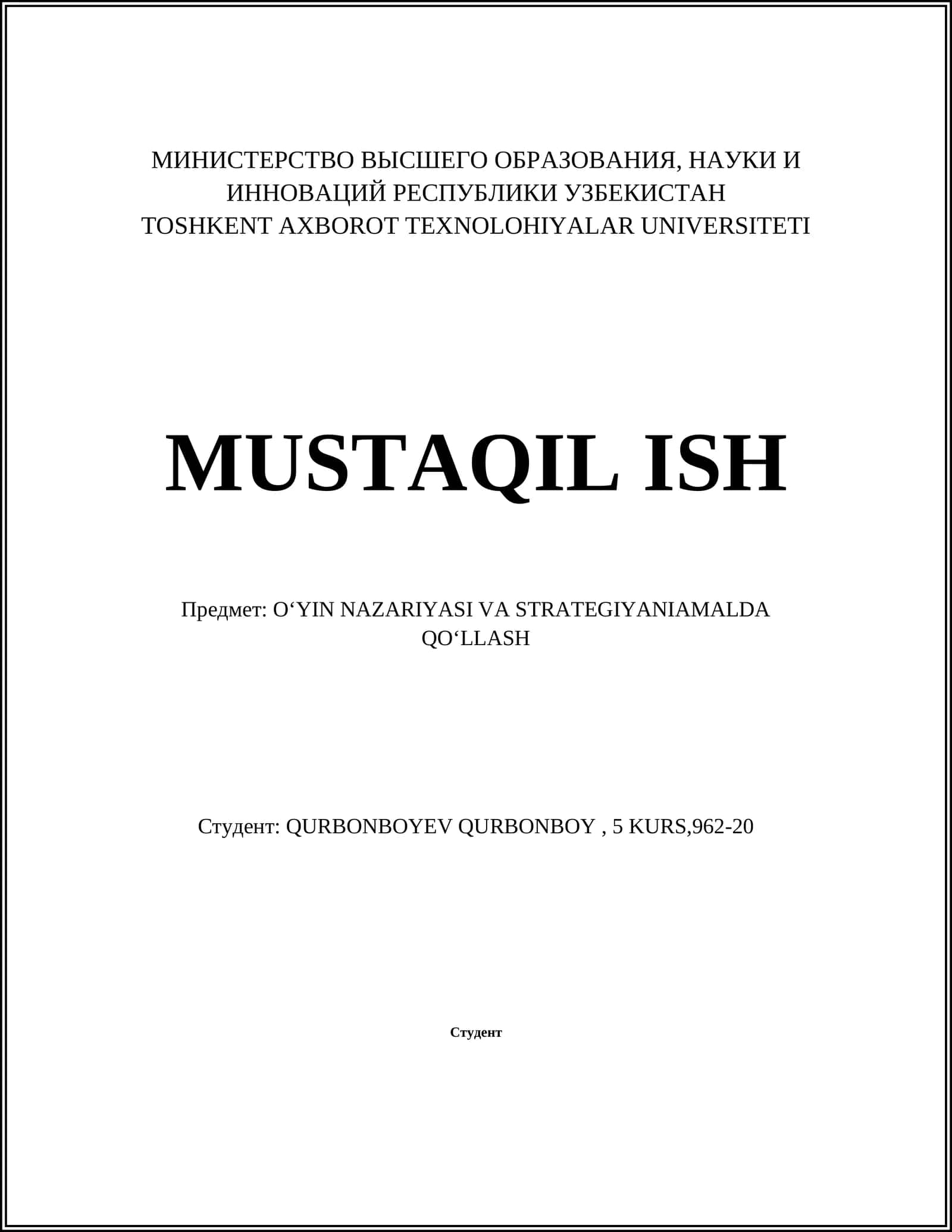 O‘YIN NAZARIYASI VA STRATEGIYANIAMALDA QO‘LLASH