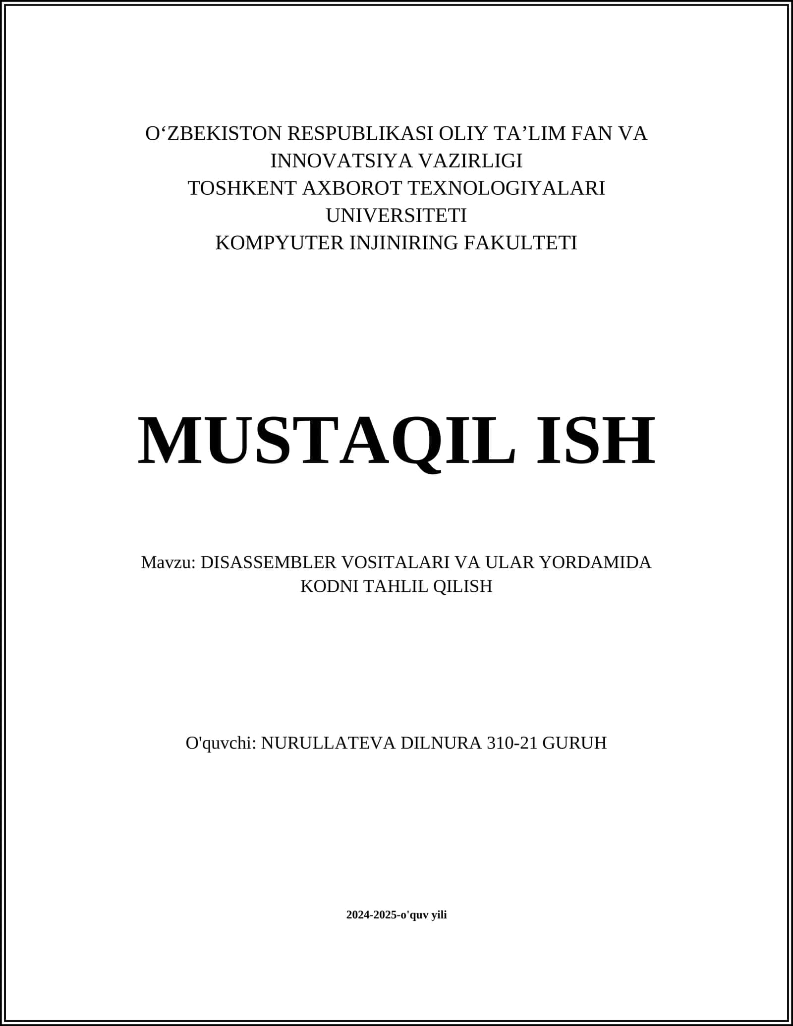 DISASSEMBLER VOSITALARI VA ULAR YORDAMIDA KODNI TAHLIL QILISH