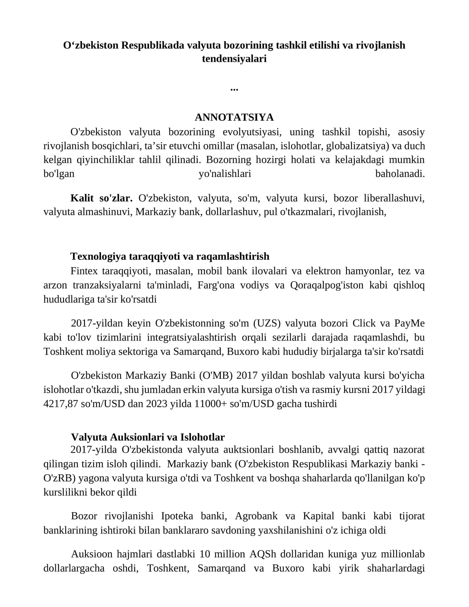 O'zbekiston Valyuta Bozorining Evolyutsiyasi