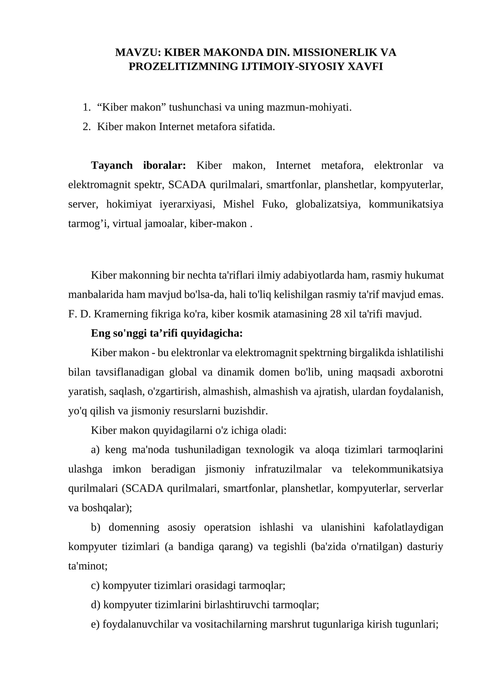 KIBER MAKONDA DIN. MISSIONERLIK VA PROZELITIZMNING IJTIMOIY-SIYOSIY XAVFI