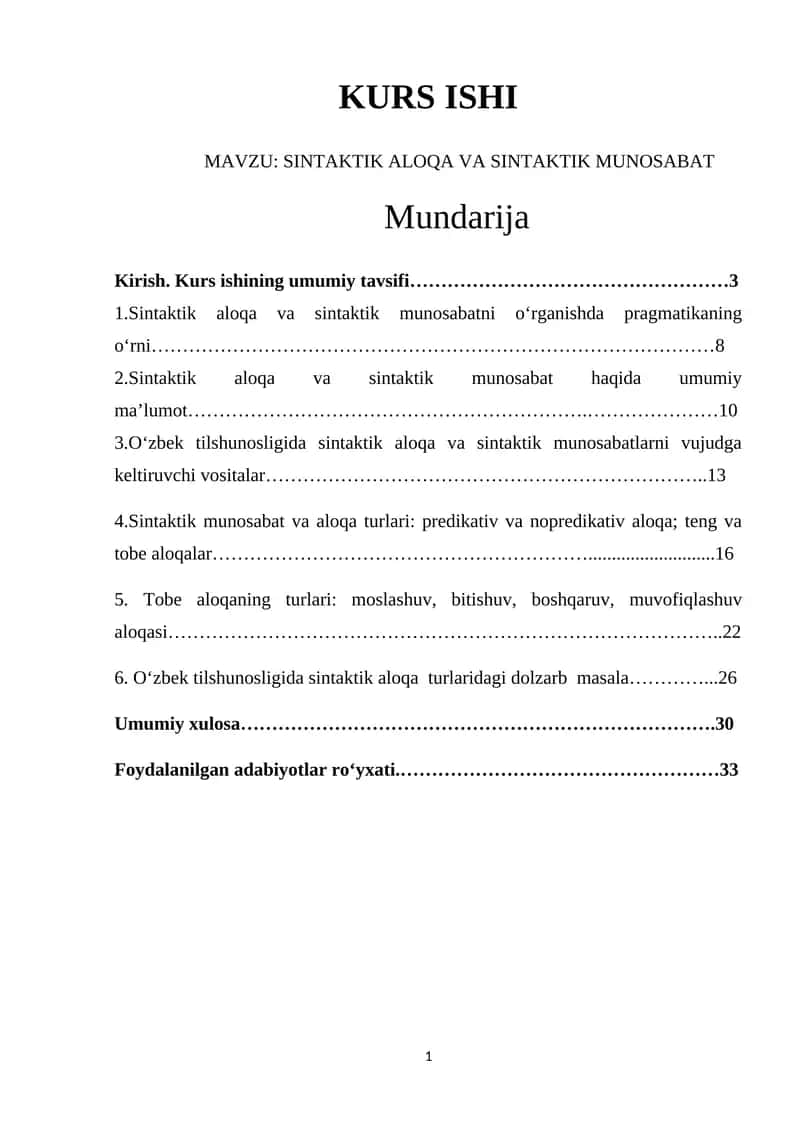 SINTAKTIK ALOQA VA SINTAKTIK MUNOSABAT