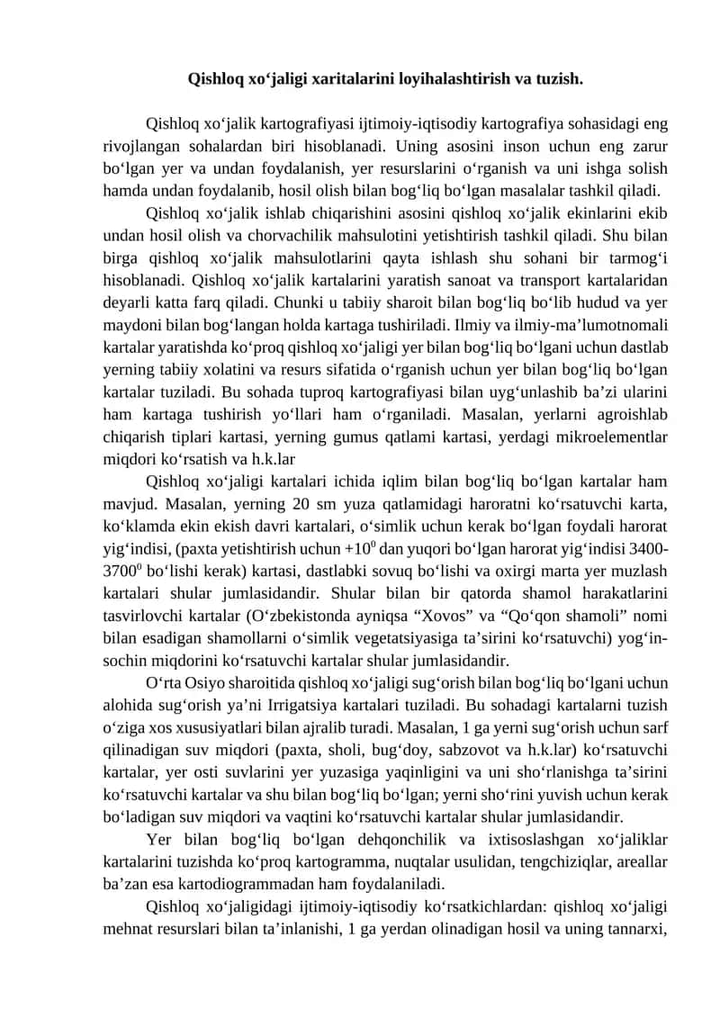 Qishloq xo‘jaligi xaritalarini loyihalashtirish va tuzish