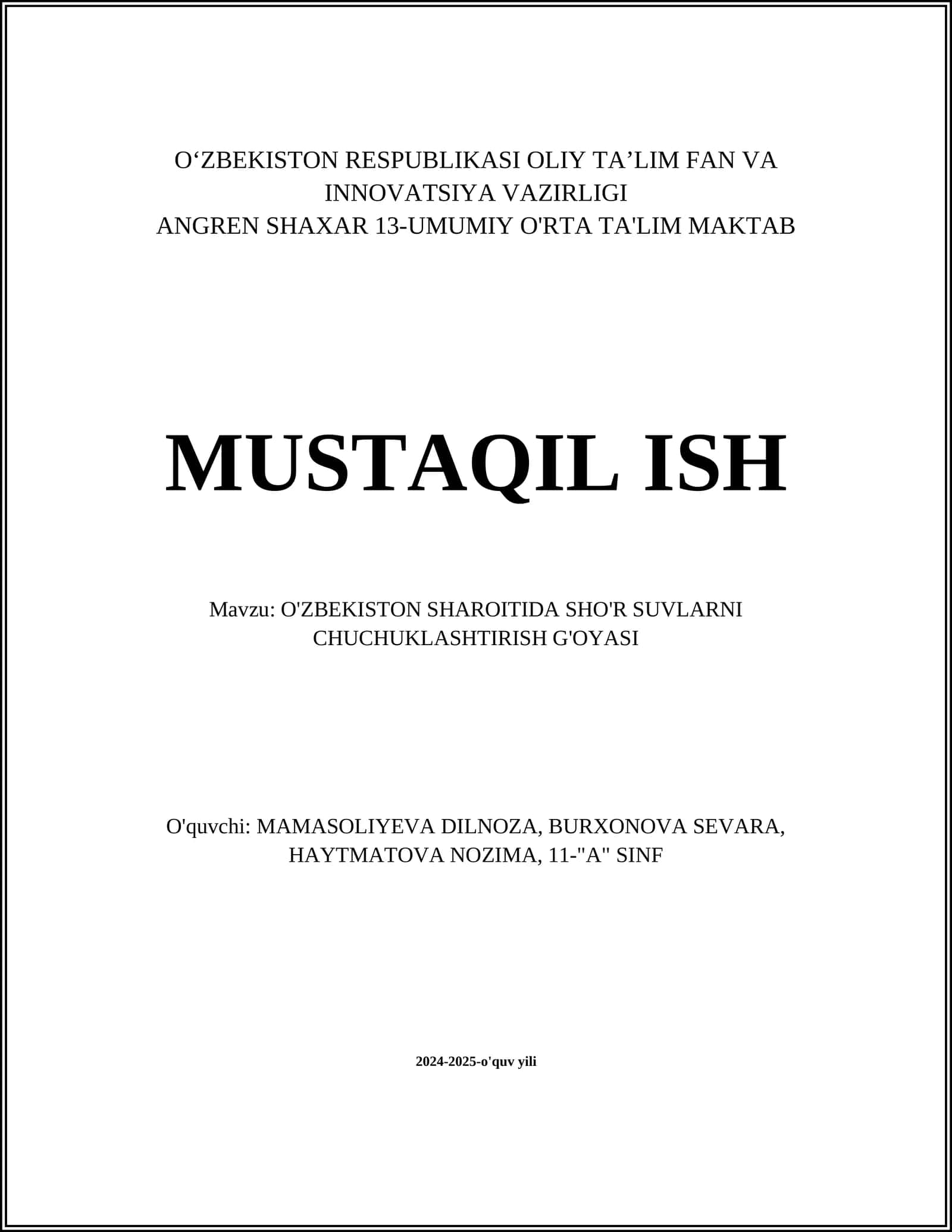O'ZBEKISTON SHAROITIDA SHO'R SUVLARNI CHUCHUKLASHTIRISH G'OYASI