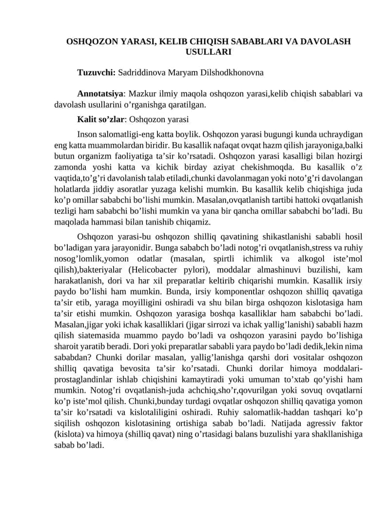 Oshqozon Yarasi, Kelib Chiqish Sabablari va Davolash Usullari