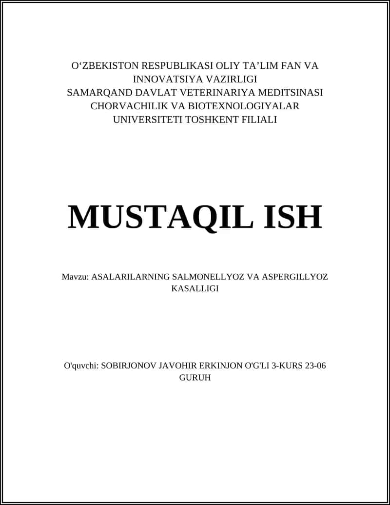 ASALARILARNING SALMONELLYOZ VA ASPERGILLYOZ KASALLIGI
