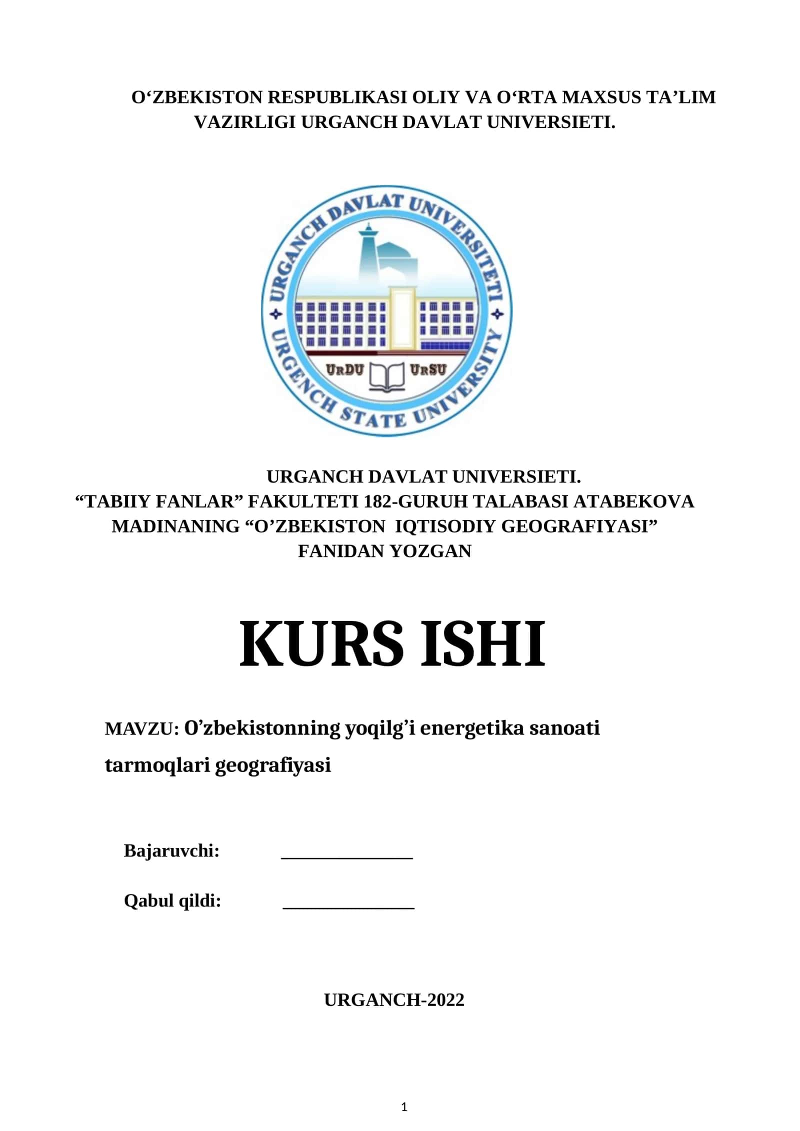 O’zbekistonning yoqilg’i energetika sanoati tarmoqlari geografiyasi