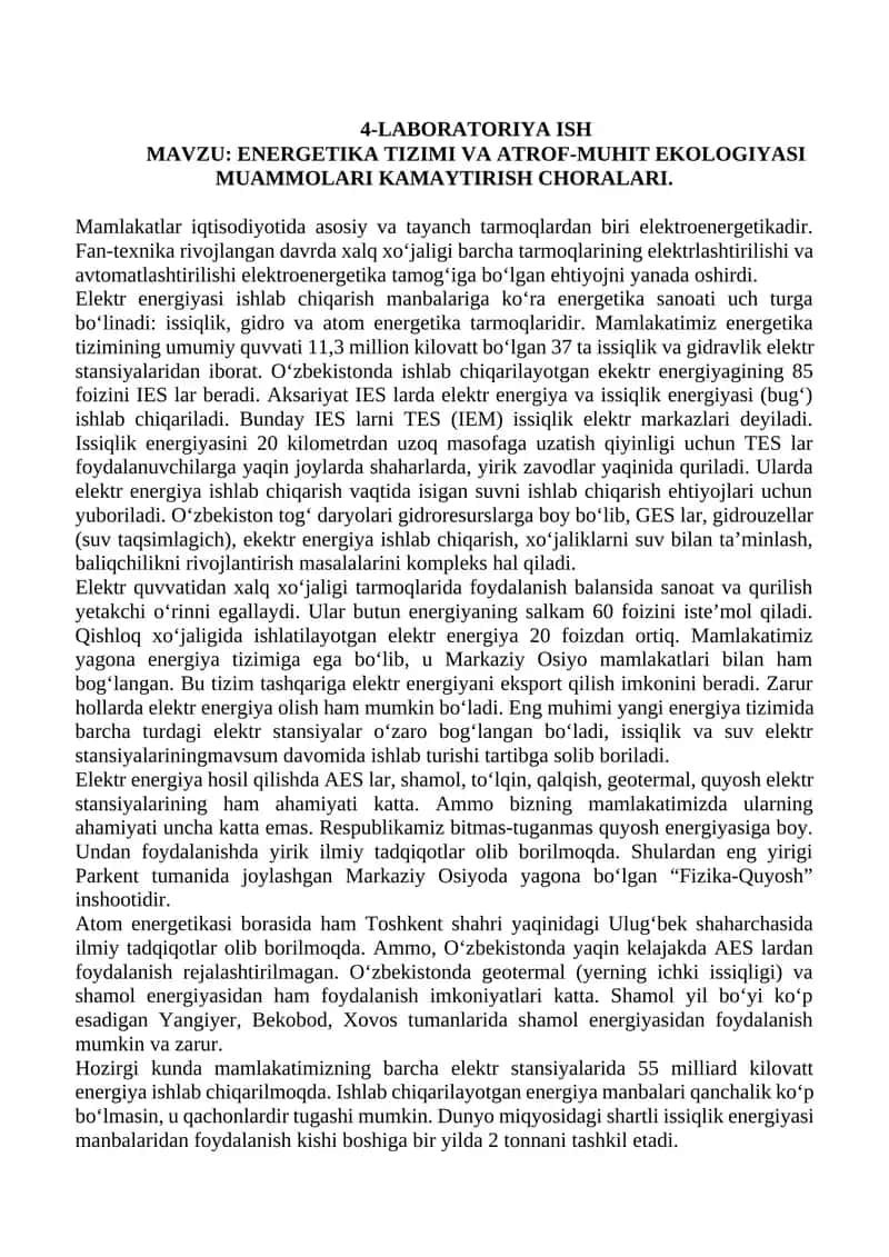 ENERGETIKA TIZIMI VA ATROF-MUHIT EKOLOGIYASI MUAMMOLARI KAMAYTIRISH CHORALARI