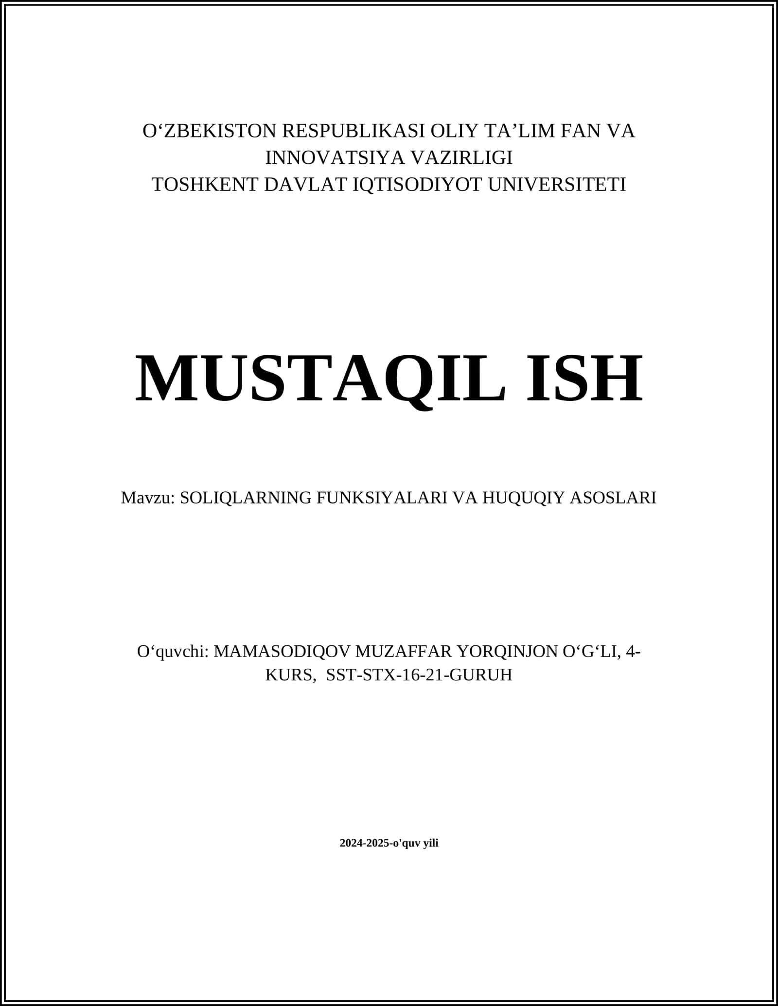 SOLIQLARNING FUNKSIYALARI VA HUQUQIY ASOSLARI