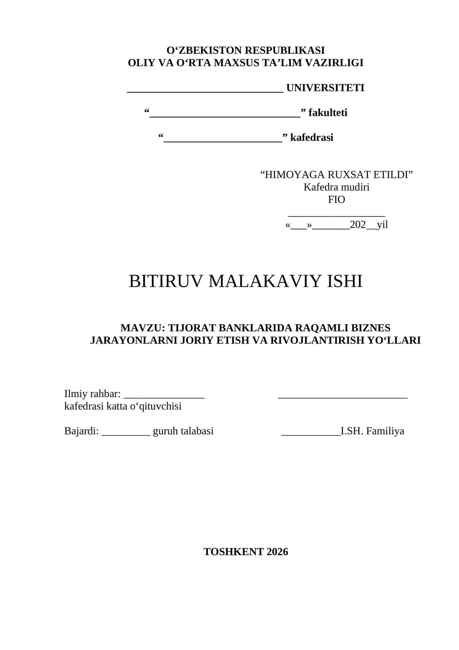 TIJORAT BANKLARIDA RAQAMLI BIZNES JARAYONLARNI JORIY ETISH VA RIVOJLANTIRISH YOʻLLARI