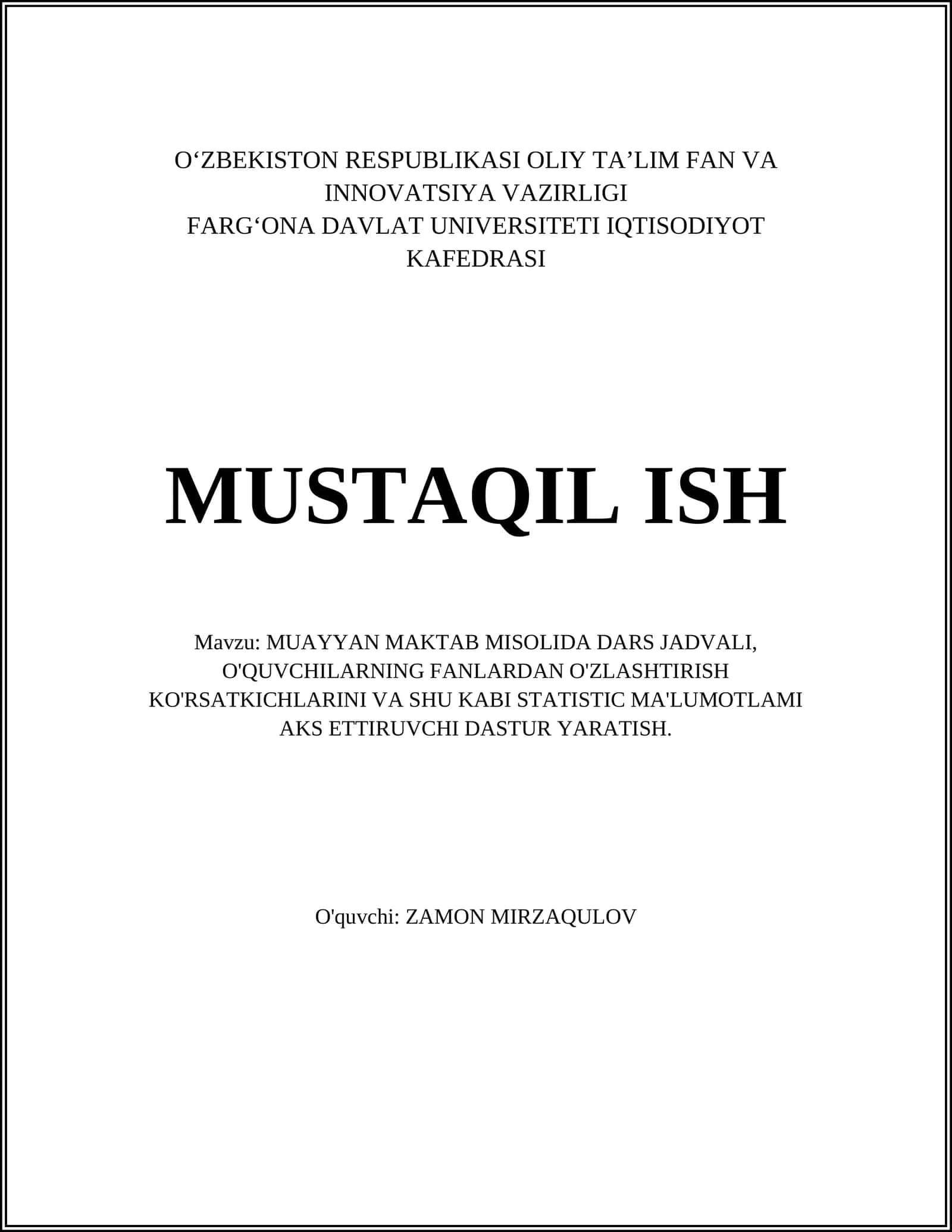 MUAYYAN MAKTAB MISOLIDA DARS JADVALI