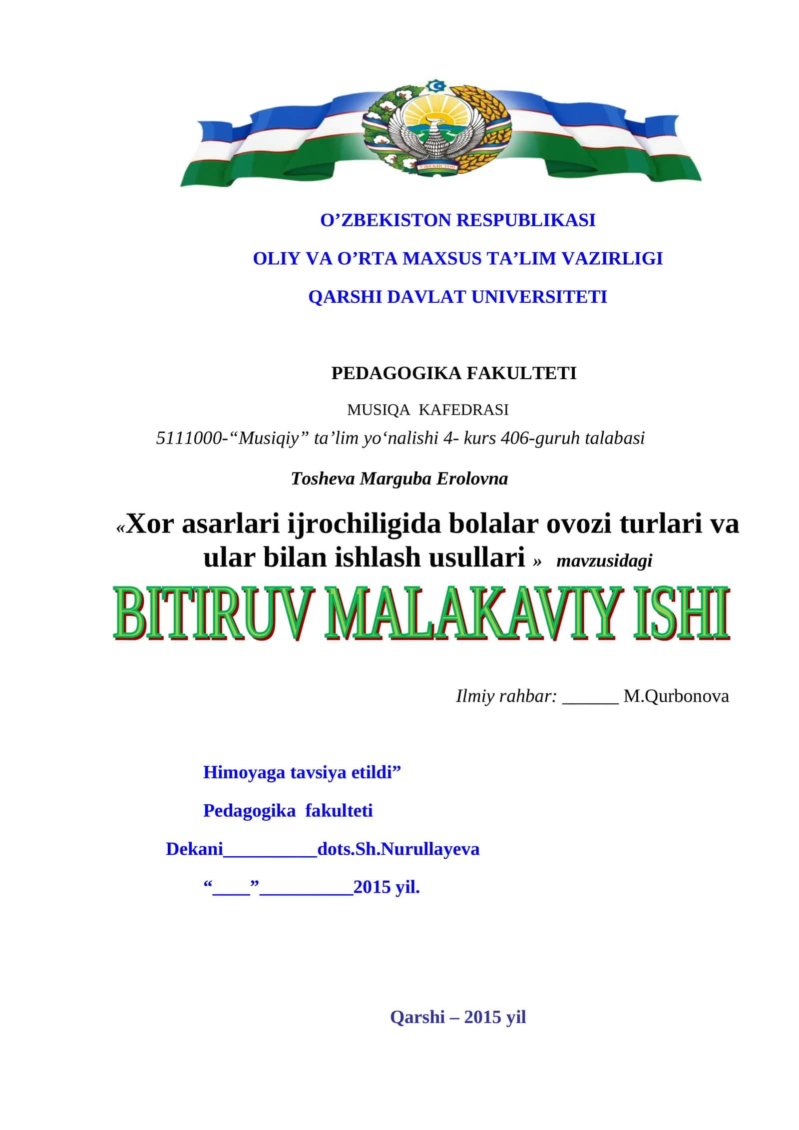 Xor asarlari ijrochiligida bolalar ovozi turlari va ular bilan ishlash usullari